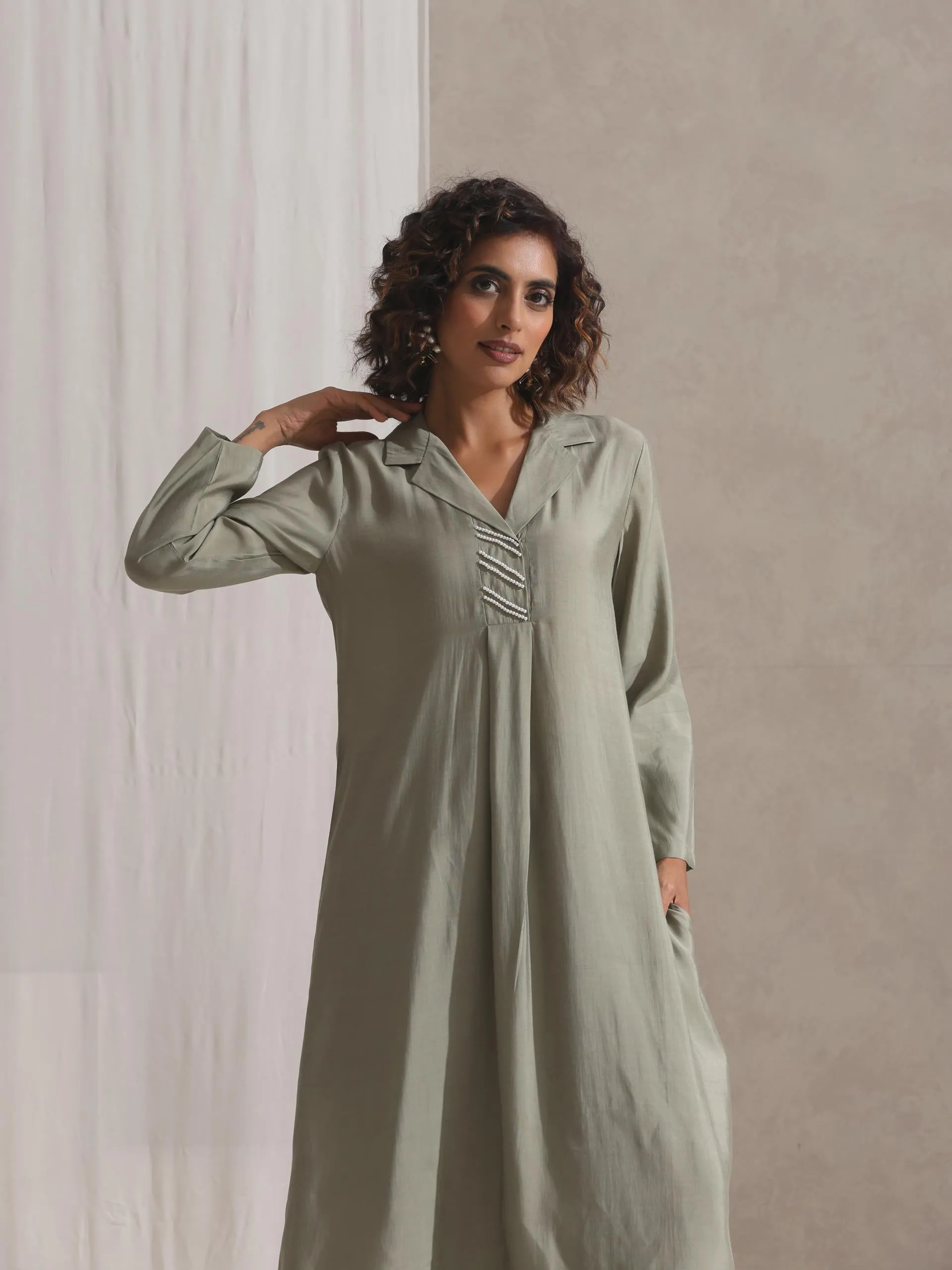 2 pc SET - Sage Kurta and Pyjama with Pearl Embroidery