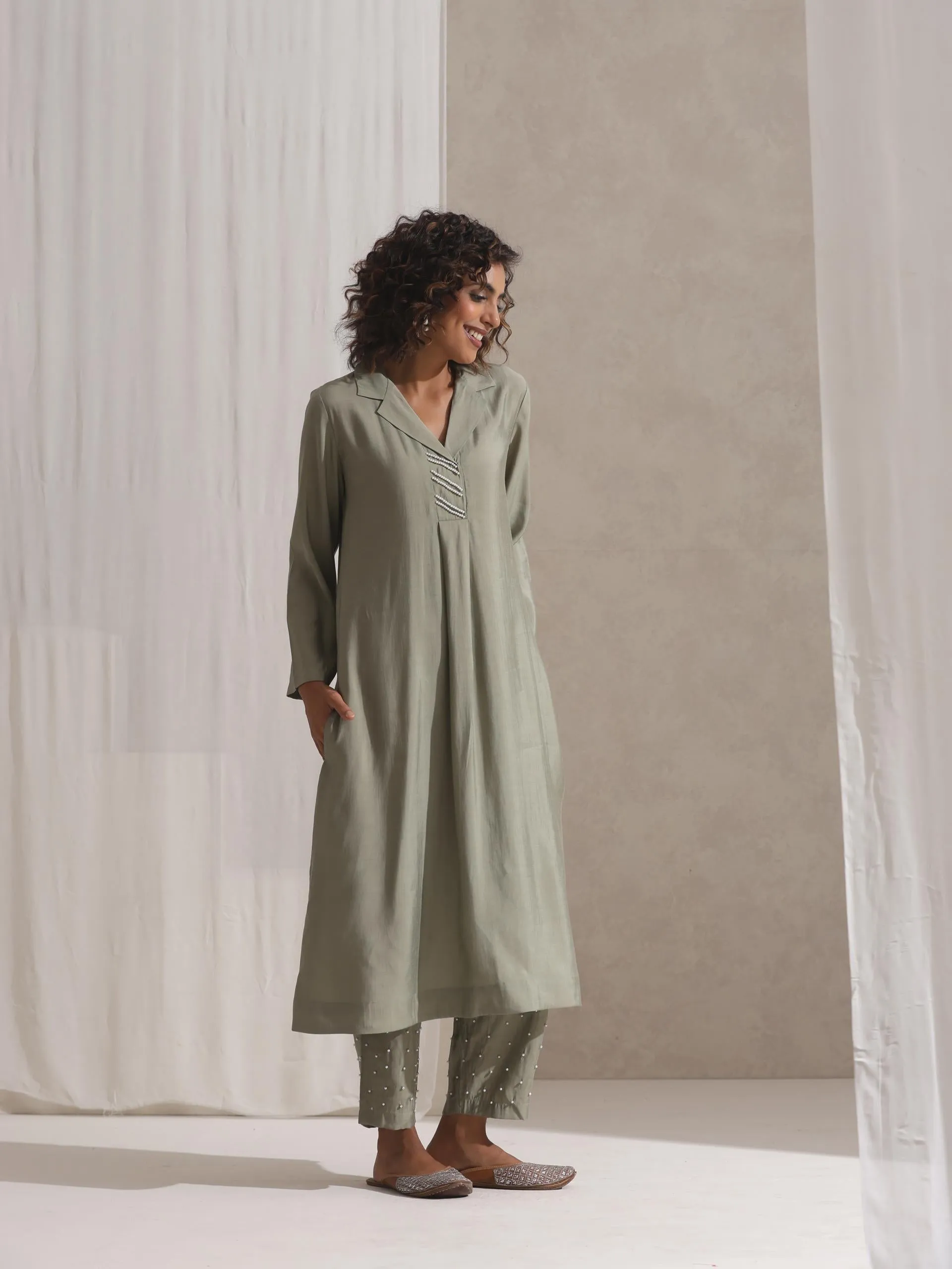 2 pc SET - Sage Kurta and Pyjama with Pearl Embroidery