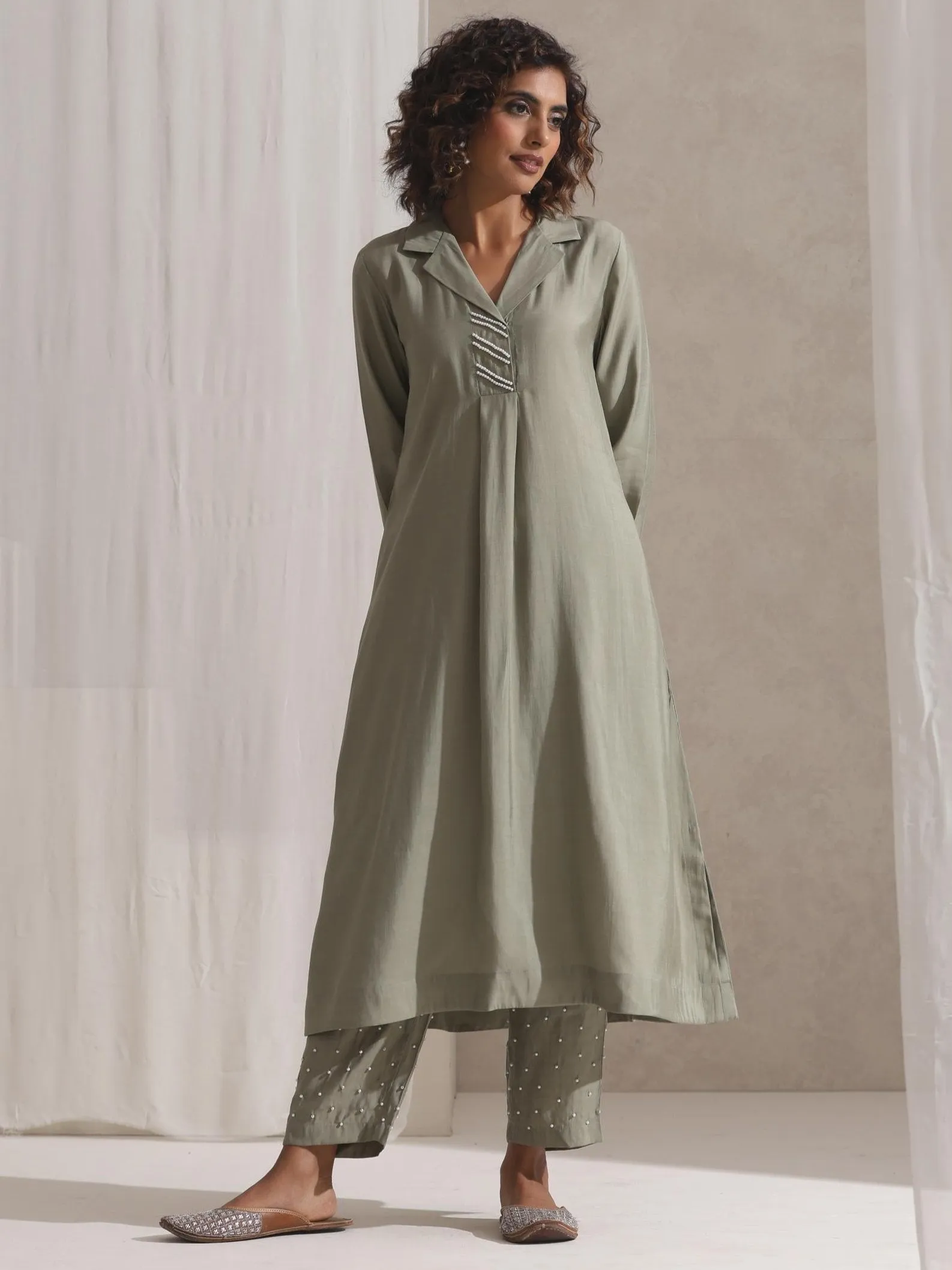 2 pc SET - Sage Kurta and Pyjama with Pearl Embroidery