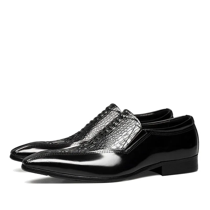 2022 Real Patent Leather Men&#39;s Dress Shoes Fashion Crocodile Pattern Slip on Brown Black Luxury Handmade Genuine Leather Shoes