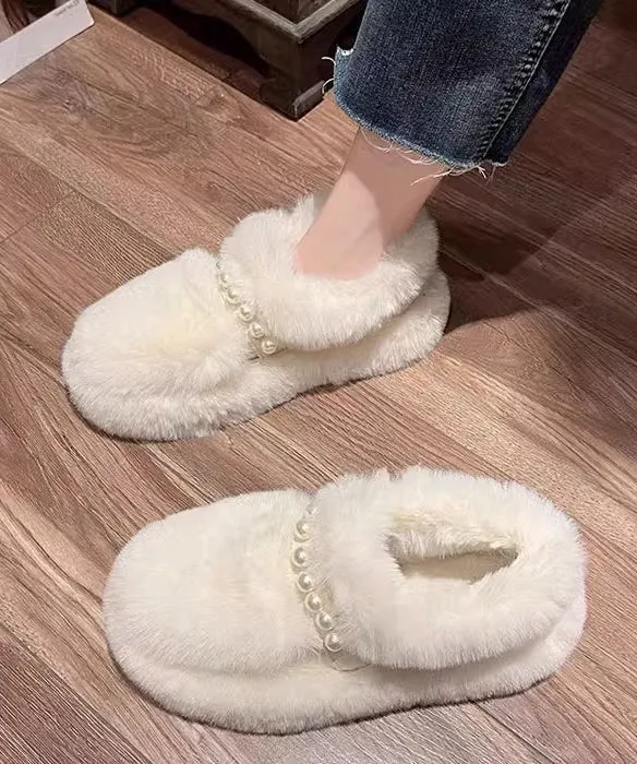 Beige Fuzzy Fur Platform Penny Loafers Fashion Splicing Nail Bead TQ053