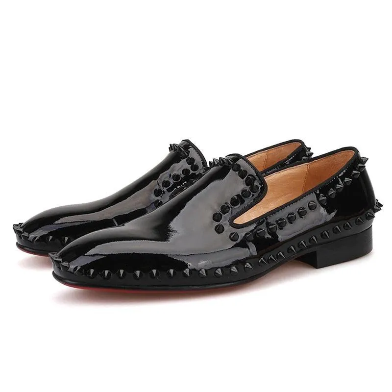 Black Patent Leather Spiked Men Loafers - Men Shoes