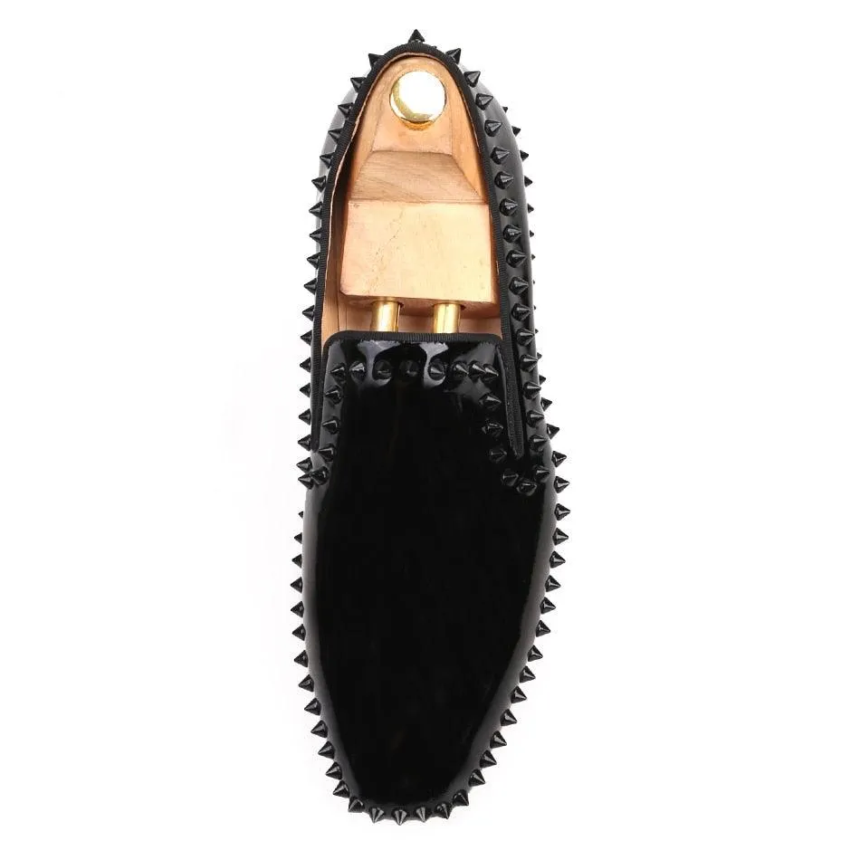 Black Patent Leather Spiked Men Loafers - Men Shoes