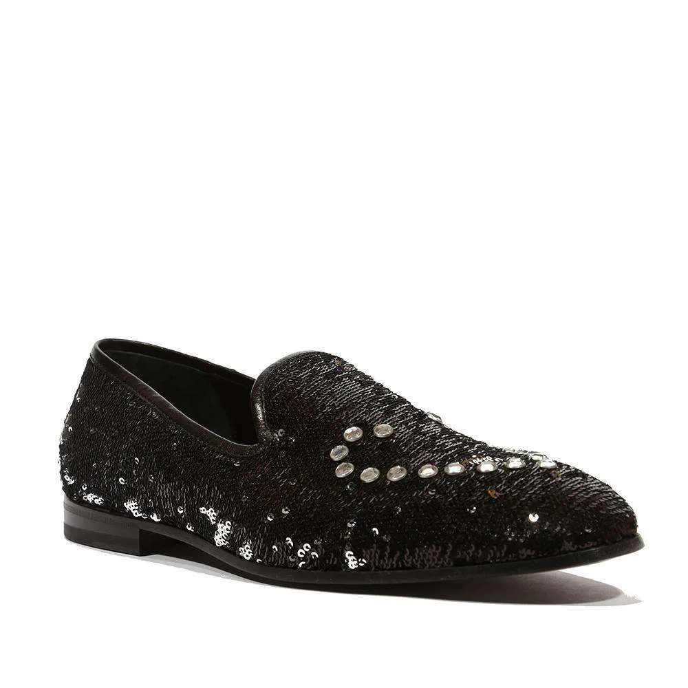 Cesare Paciotti Luxury Italian Men's Paillettes Black Silver Formal Loafers (CPM5107)