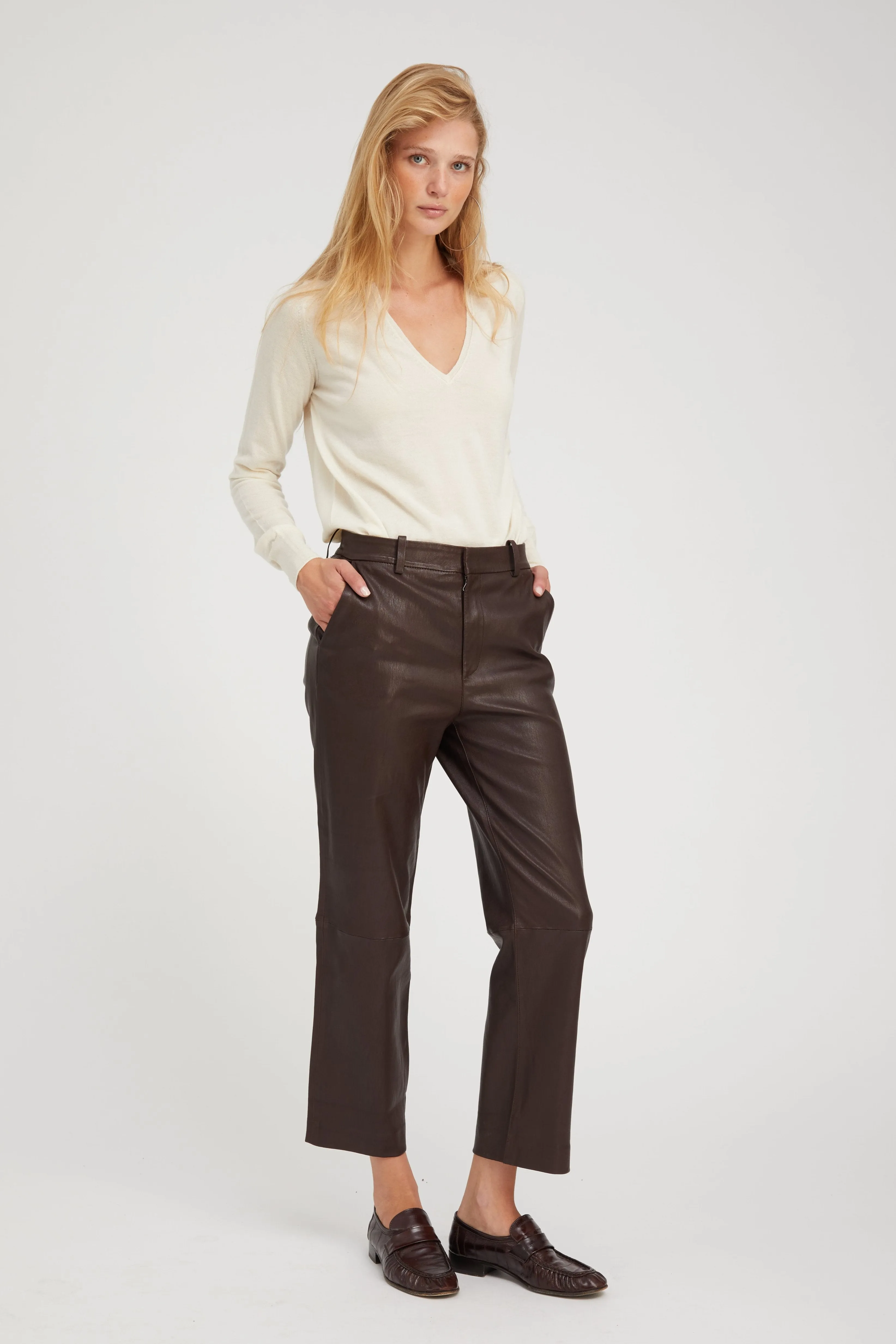 Dark Chocolate Leather Cropped Trousers