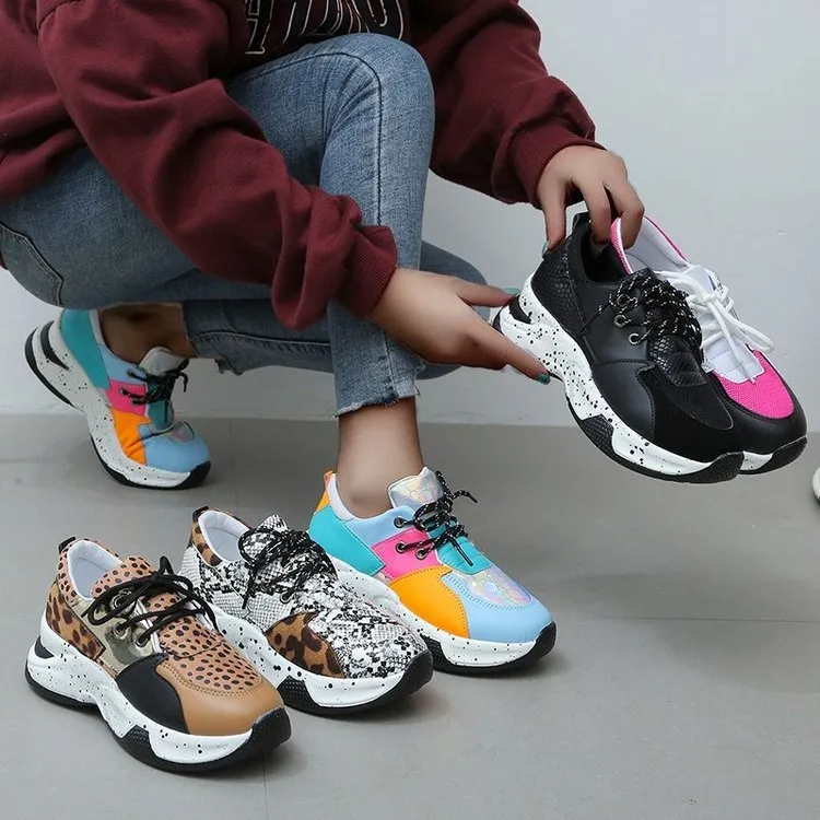 elveswallet Leopard Mesh Breathable Color Patchwork Sneakers