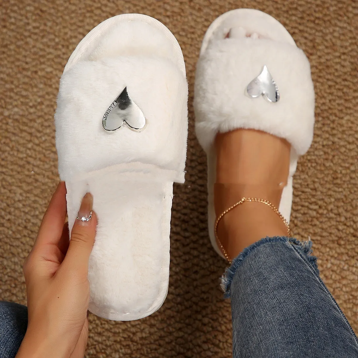 Fluffy Slipper Fall Winter Warm Home Fur Furry Slippers Women Plush Shoes Indoor House Fuzzy Flip Flops Female Padded Fleece Living Bedroom