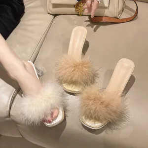 Furry Style French Thick Heel Slipper Sandals