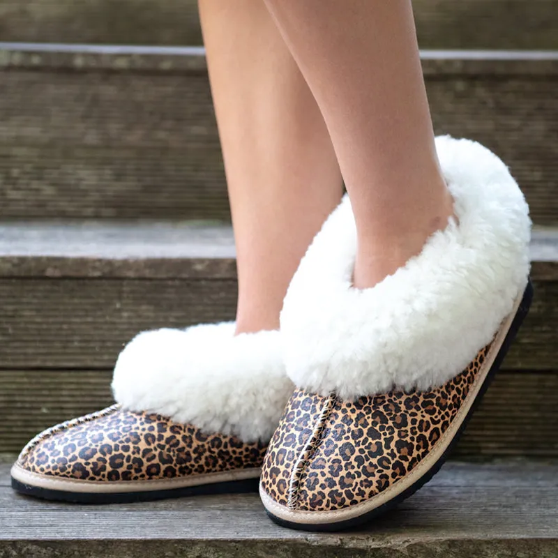 GENUINE LEATHER SHEEPSKIN SLIPPERS - Leopard Print