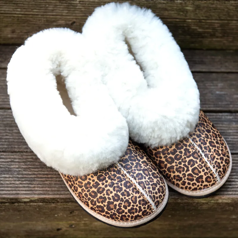 GENUINE LEATHER SHEEPSKIN SLIPPERS - Leopard Print