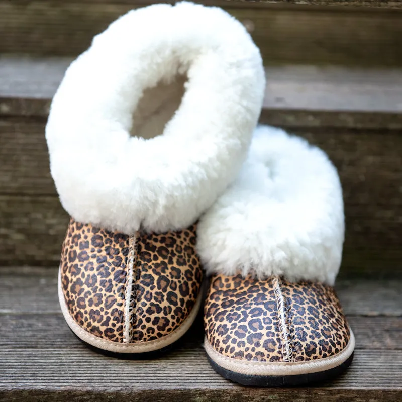 GENUINE LEATHER SHEEPSKIN SLIPPERS - Leopard Print