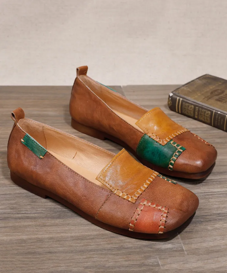 Handmade Green Cowhide Leather Soft Splicing Flat Shoes For Women