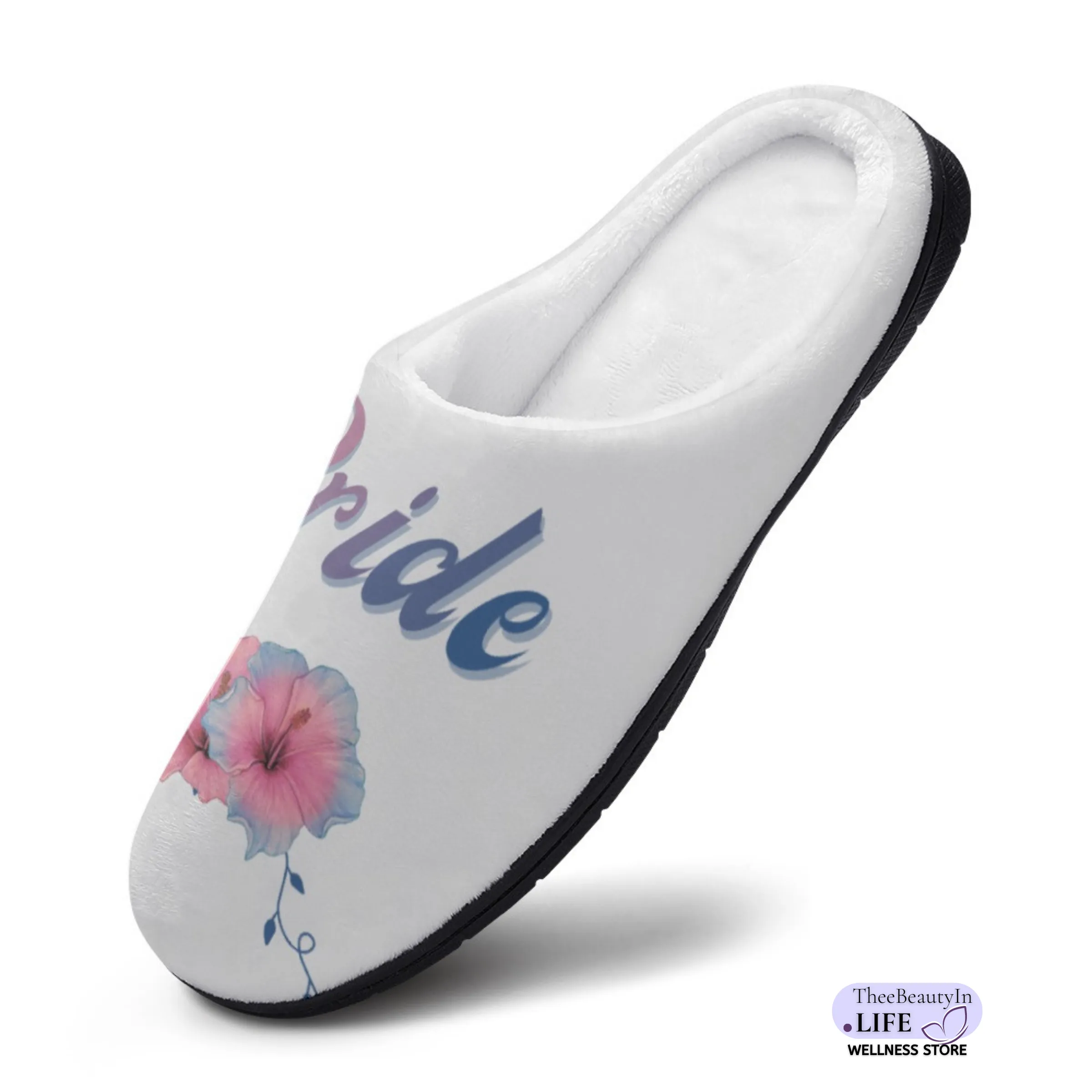 Hibiscus Bridal House Shoe Slippers | Cute Bride Slippers for Getting Ready | Wedding Slippers for Pictures | Thoughtful Gift Ideas for Bridal Shower | Hibiscus Flower Ladies Slippers | White Bedroom Shoes for Newlyweds