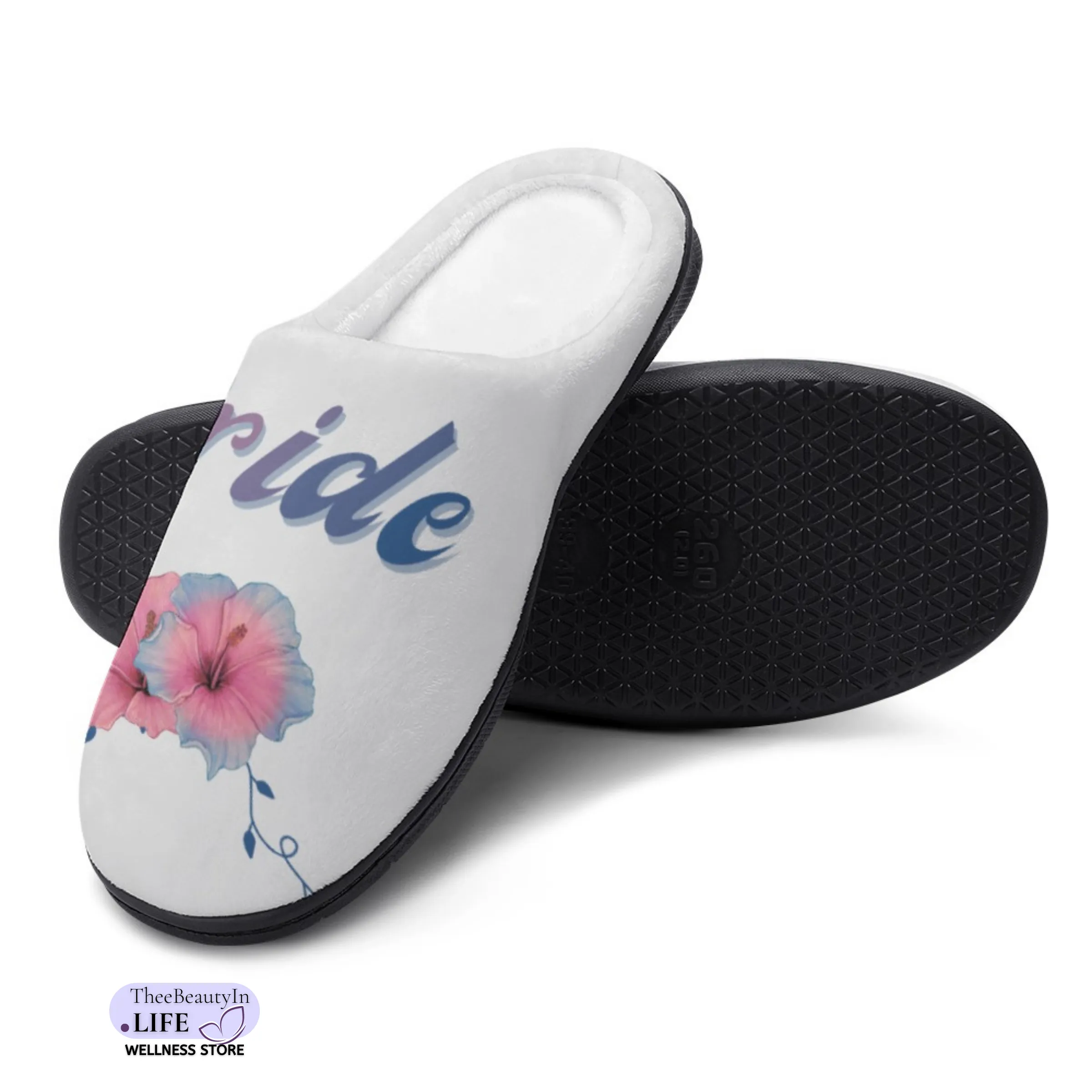 Hibiscus Bridal House Shoe Slippers | Cute Bride Slippers for Getting Ready | Wedding Slippers for Pictures | Thoughtful Gift Ideas for Bridal Shower | Hibiscus Flower Ladies Slippers | White Bedroom Shoes for Newlyweds