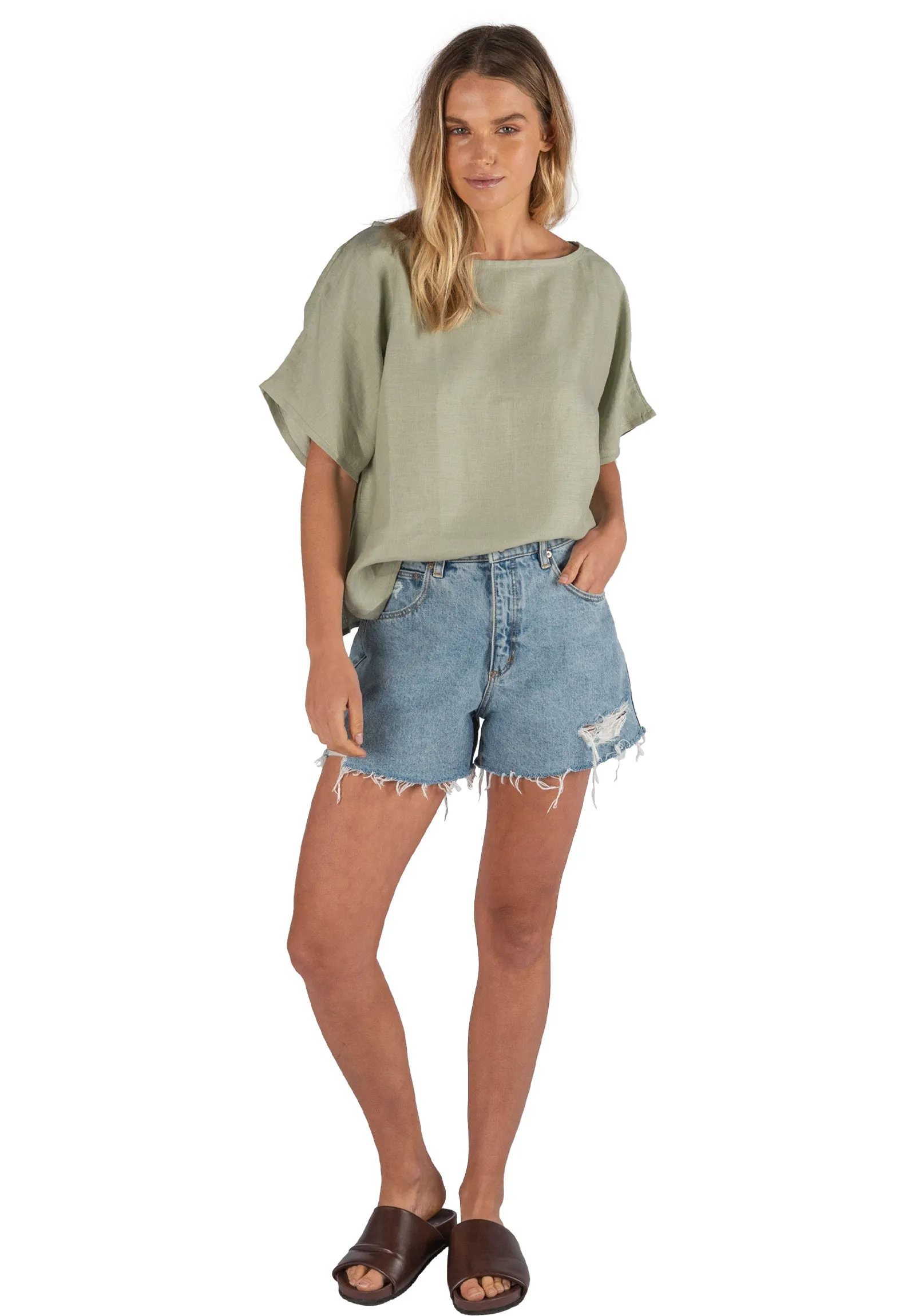 Kaori Sage Green Kimono Sleeve Linen Top