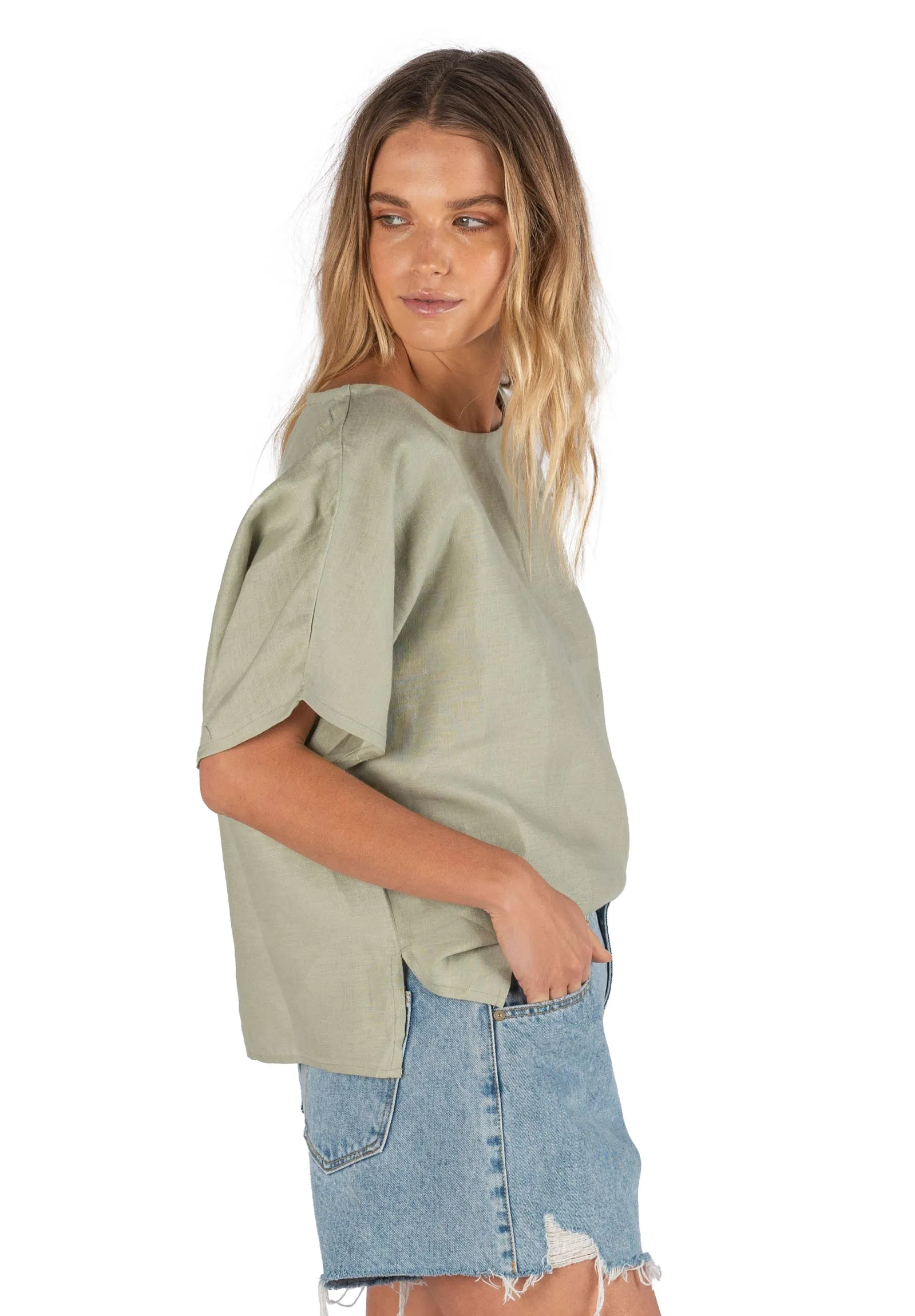 Kaori Sage Green Kimono Sleeve Linen Top