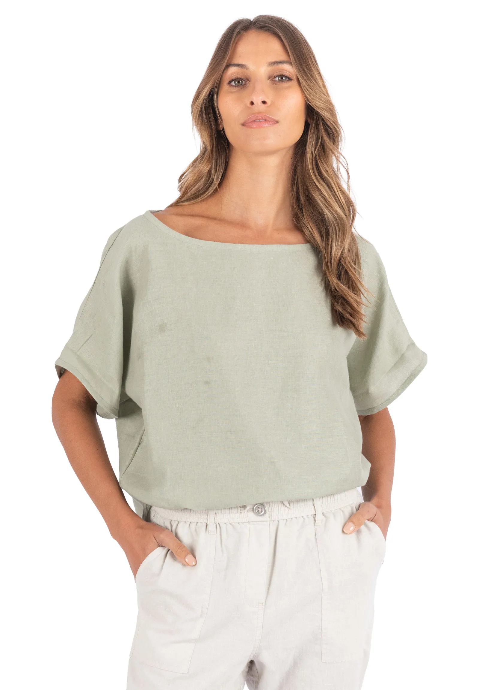 Kaori Sage Green Kimono Sleeve Linen Top