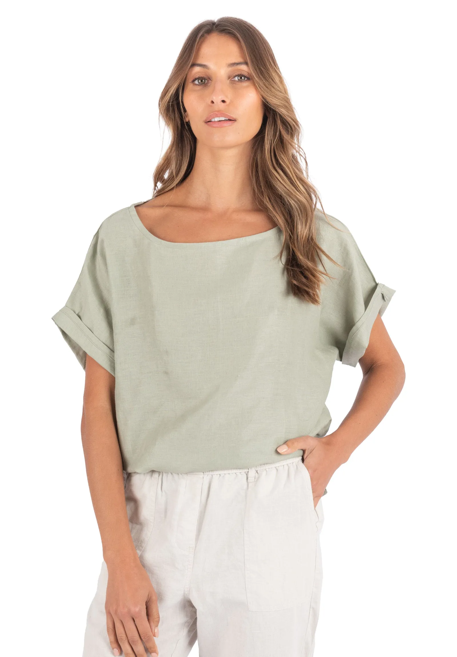 Kaori Sage Green Kimono Sleeve Linen Top