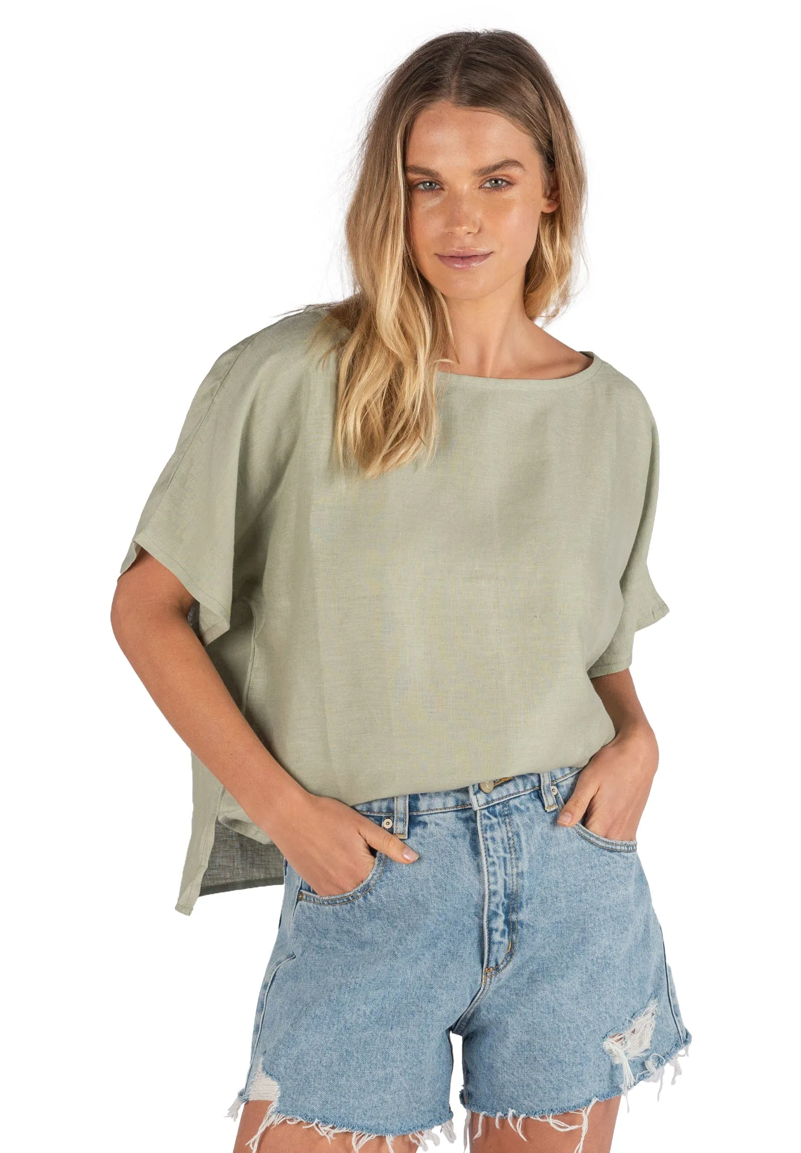 Kaori Sage Green Kimono Sleeve Linen Top