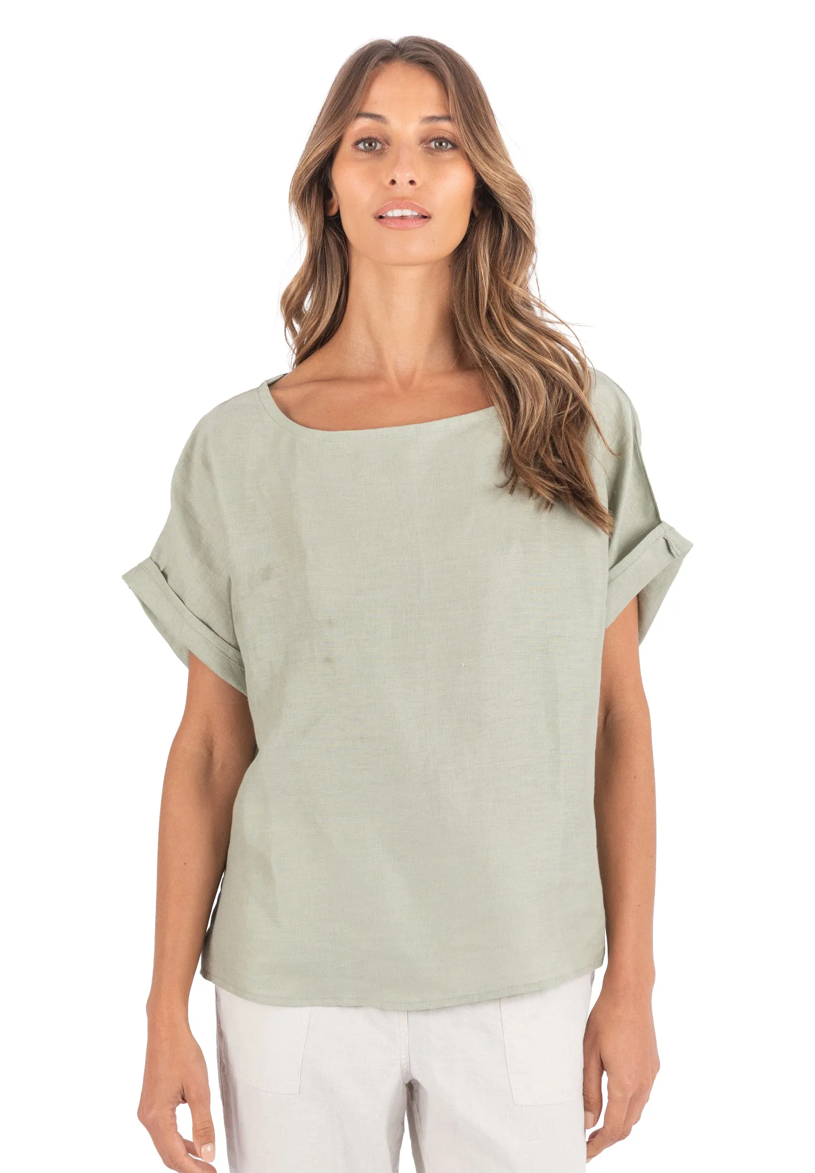 Kaori Sage Green Kimono Sleeve Linen Top