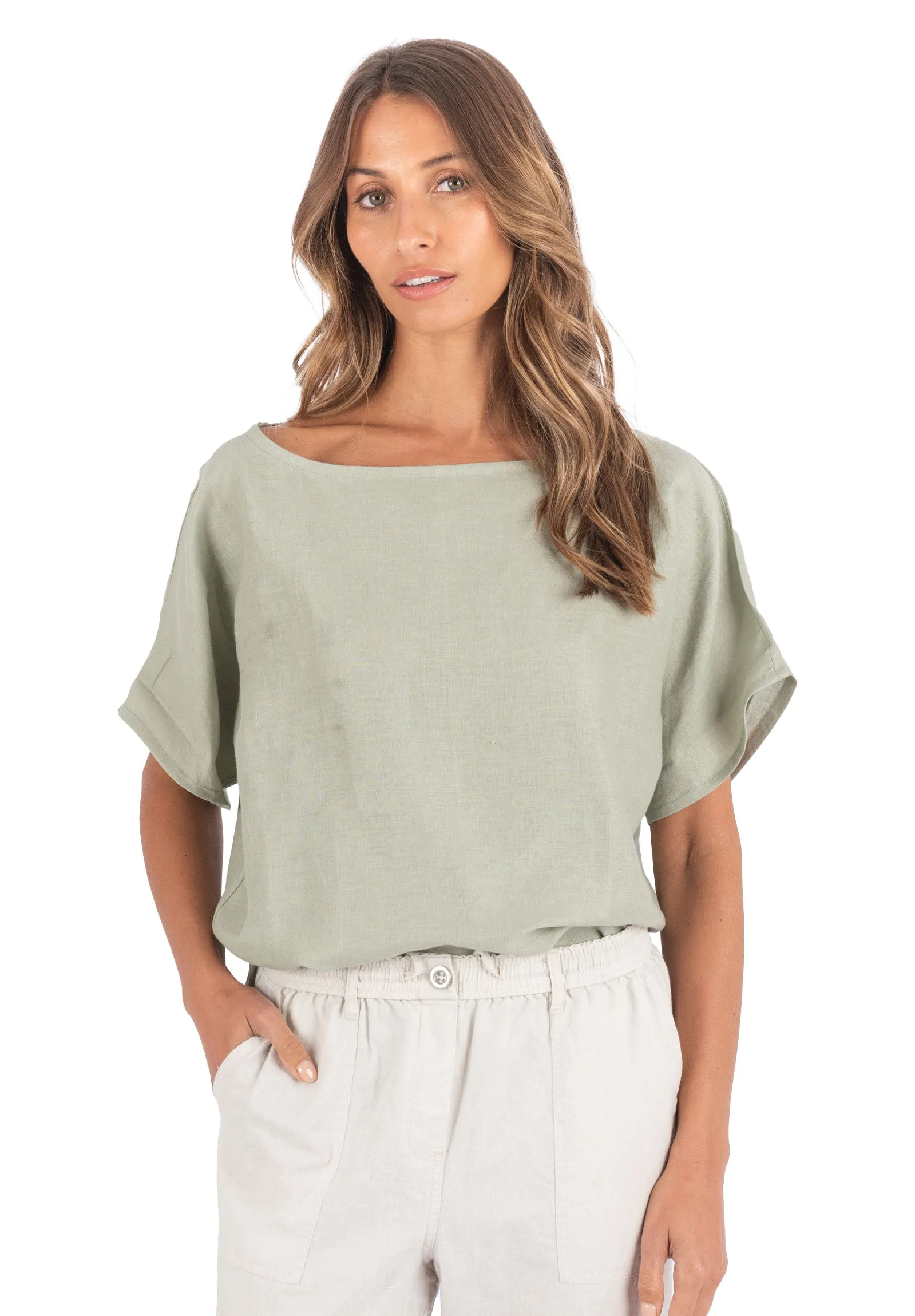 Kaori Sage Green Kimono Sleeve Linen Top