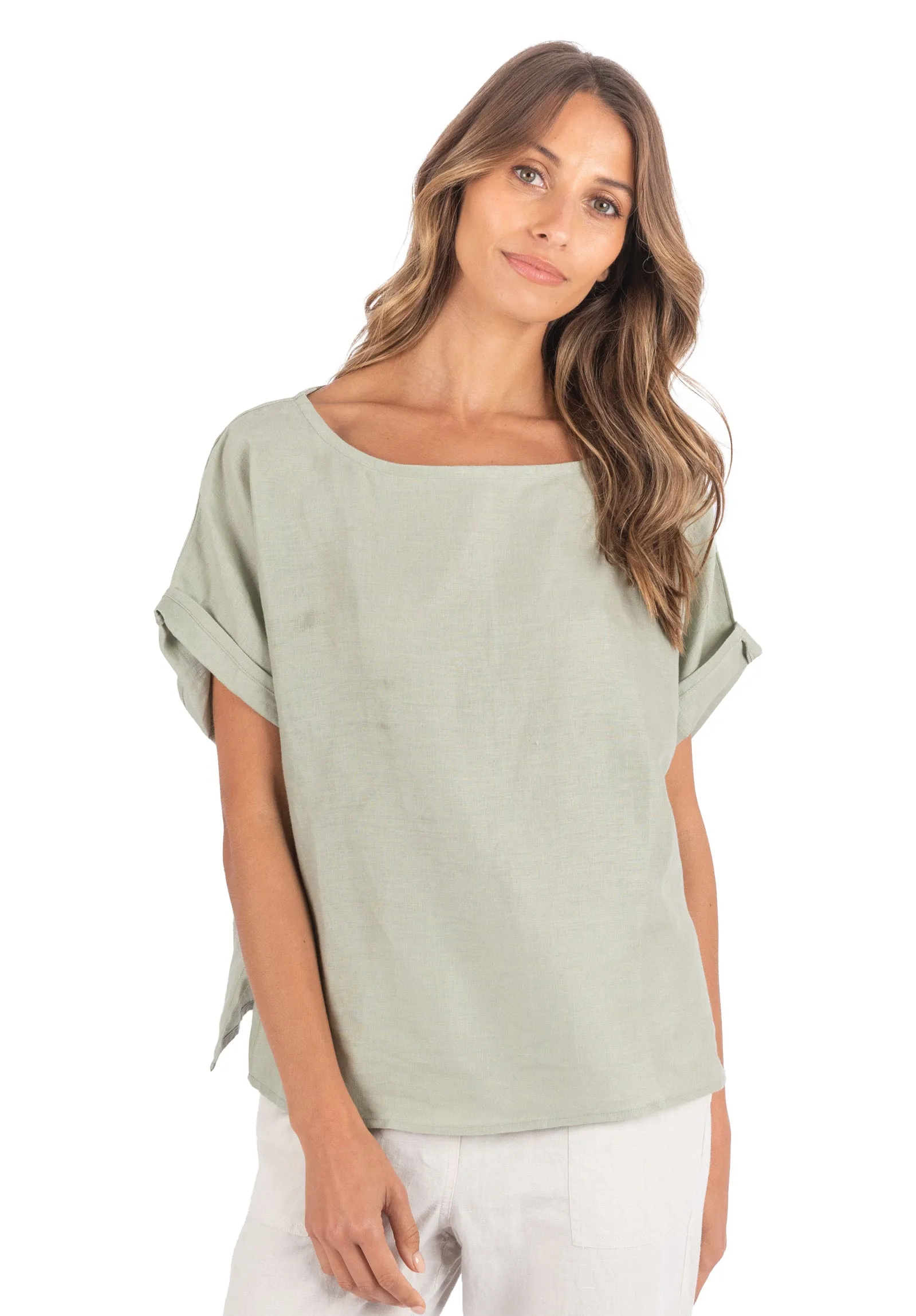 Kaori Sage Green Kimono Sleeve Linen Top