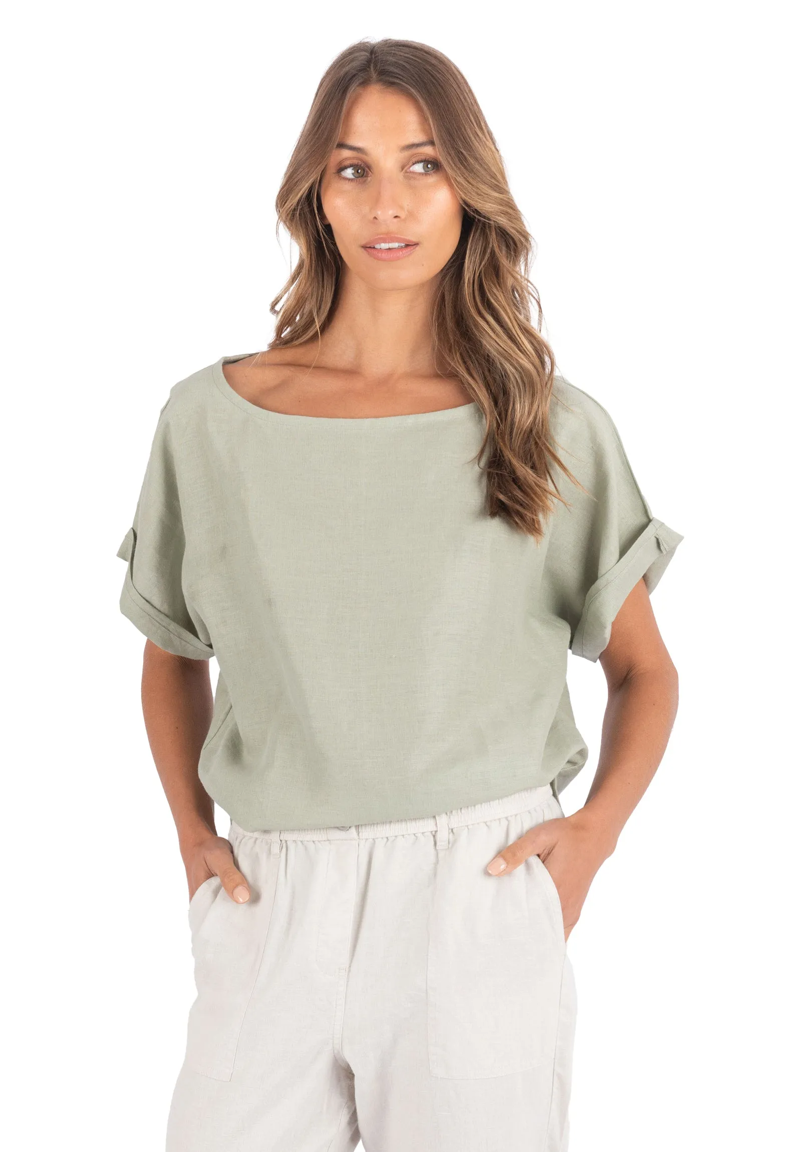 Kaori Sage Green Kimono Sleeve Linen Top