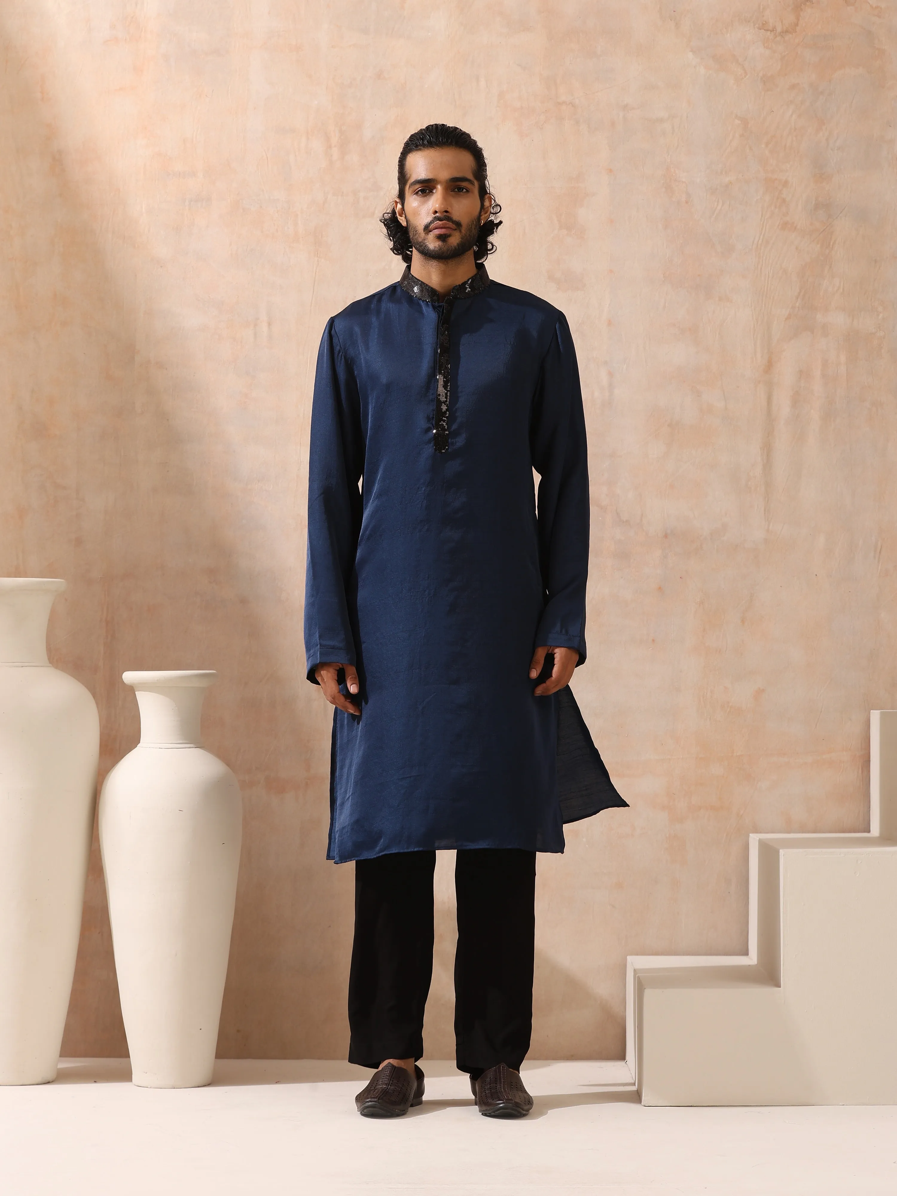 Mens Blue Kurta with Black Sequin Placket and Collar