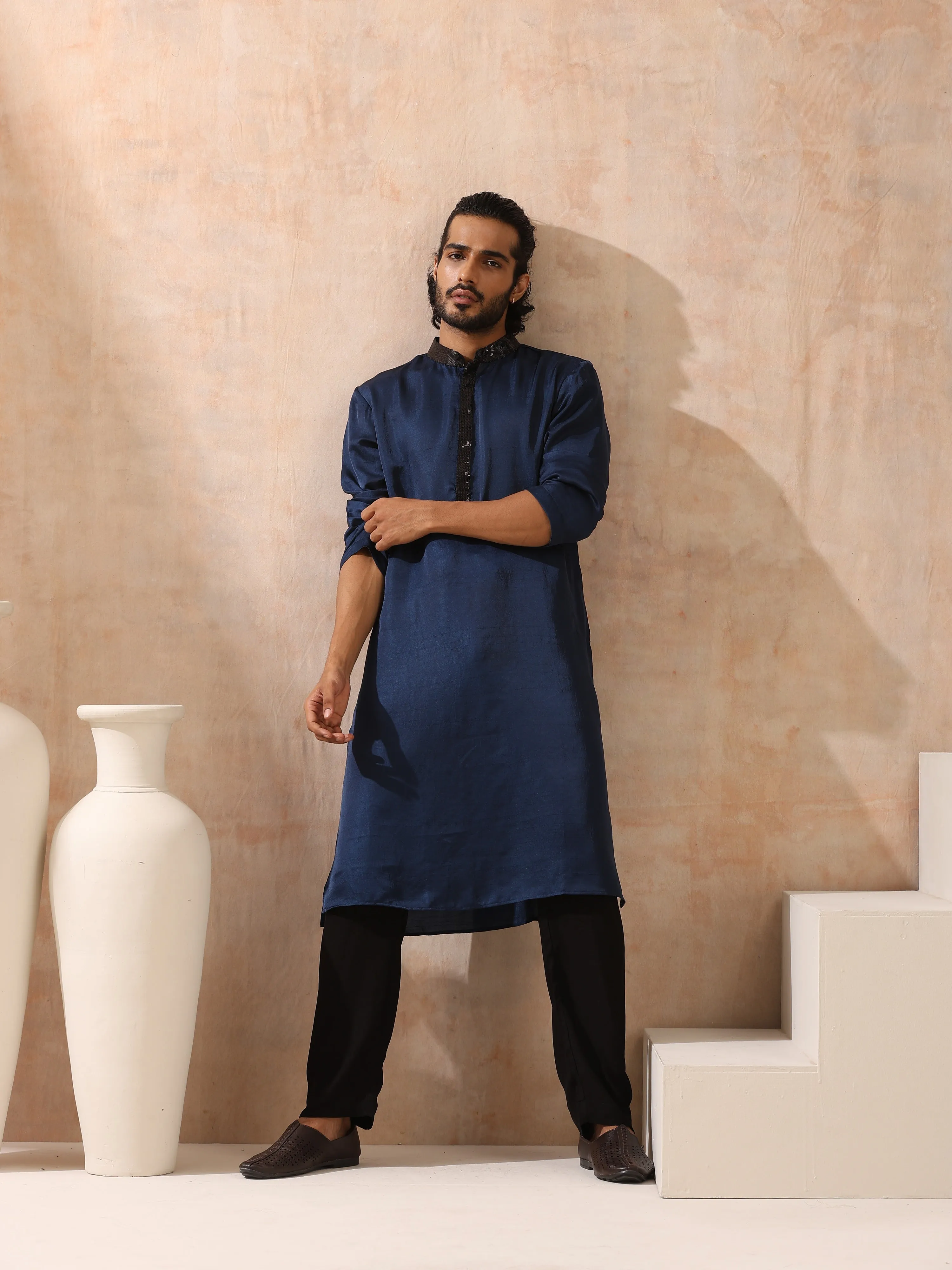 Mens Blue Kurta with Black Sequin Placket and Collar