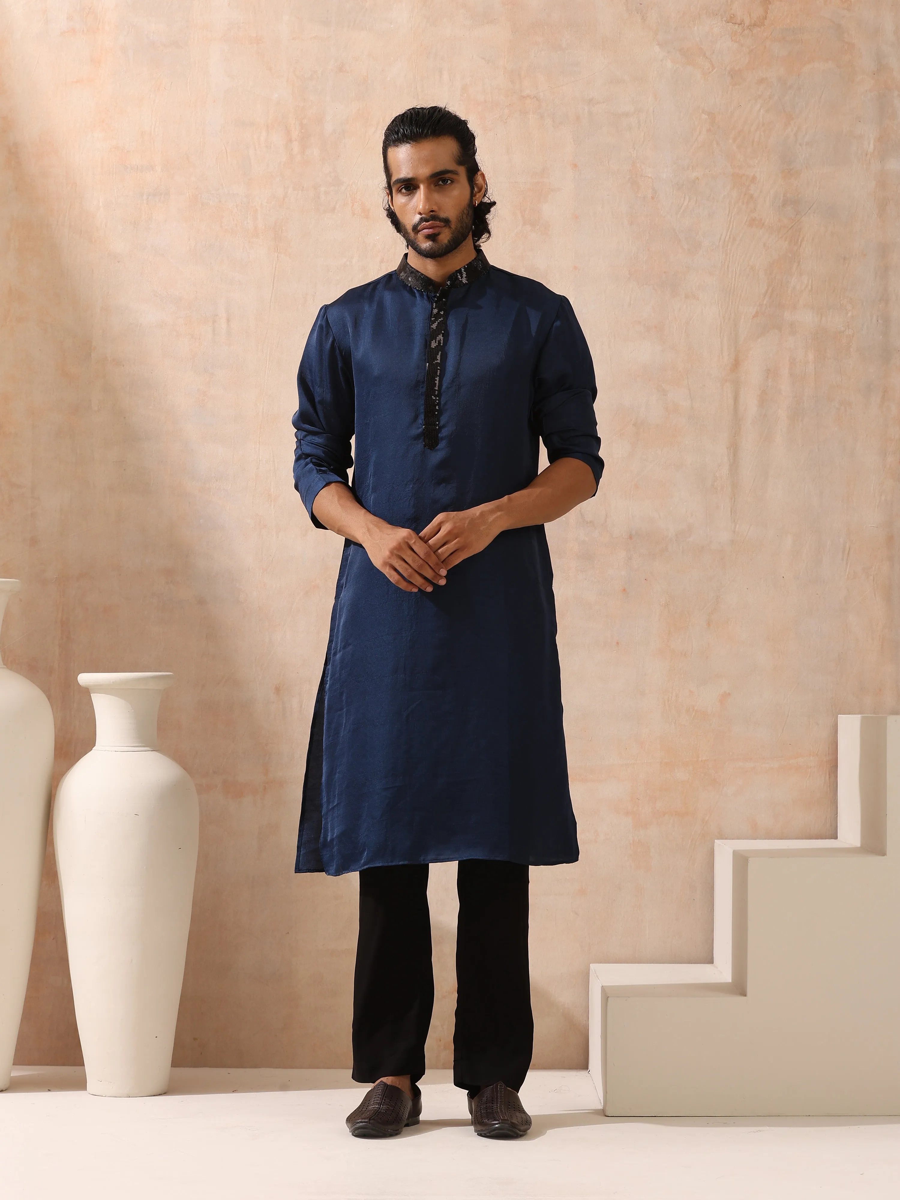 Mens Blue Kurta with Black Sequin Placket and Collar