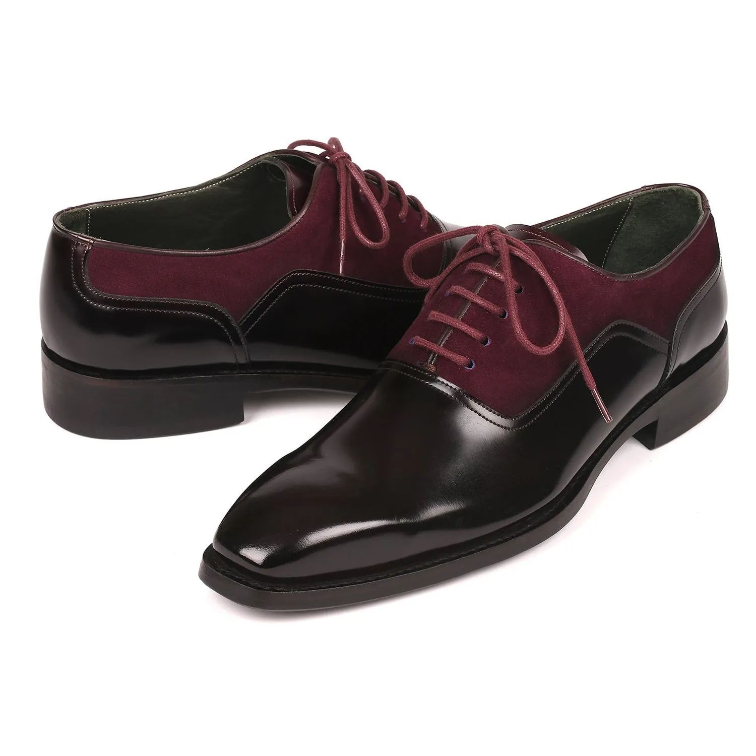 Paul Parkman 17BUR85 Men's Shoes Black & Burgundy Suede / Patent Leather Goodyear Welted Dress Oxfords (PM6324)