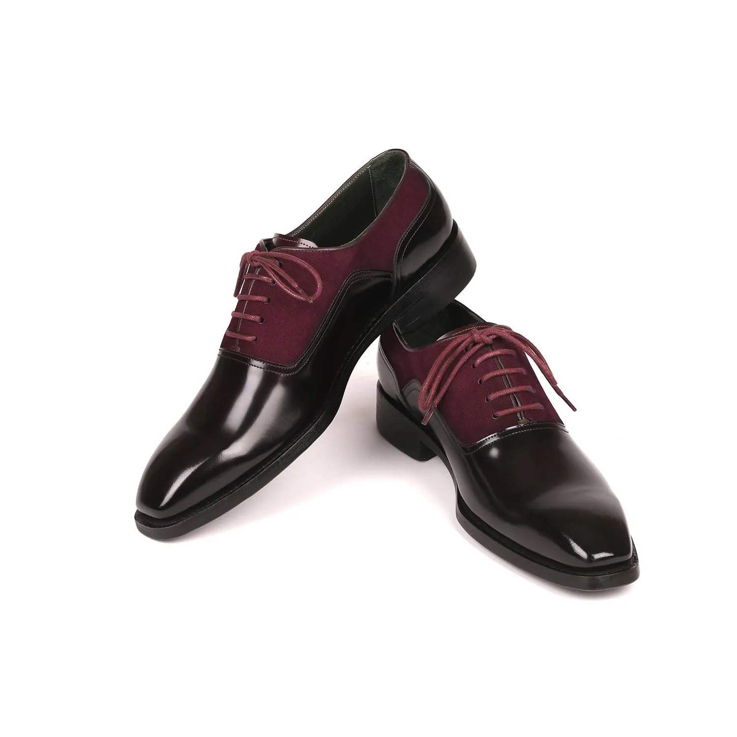 Paul Parkman 17BUR85 Men's Shoes Black & Burgundy Suede / Patent Leather Goodyear Welted Dress Oxfords (PM6324)