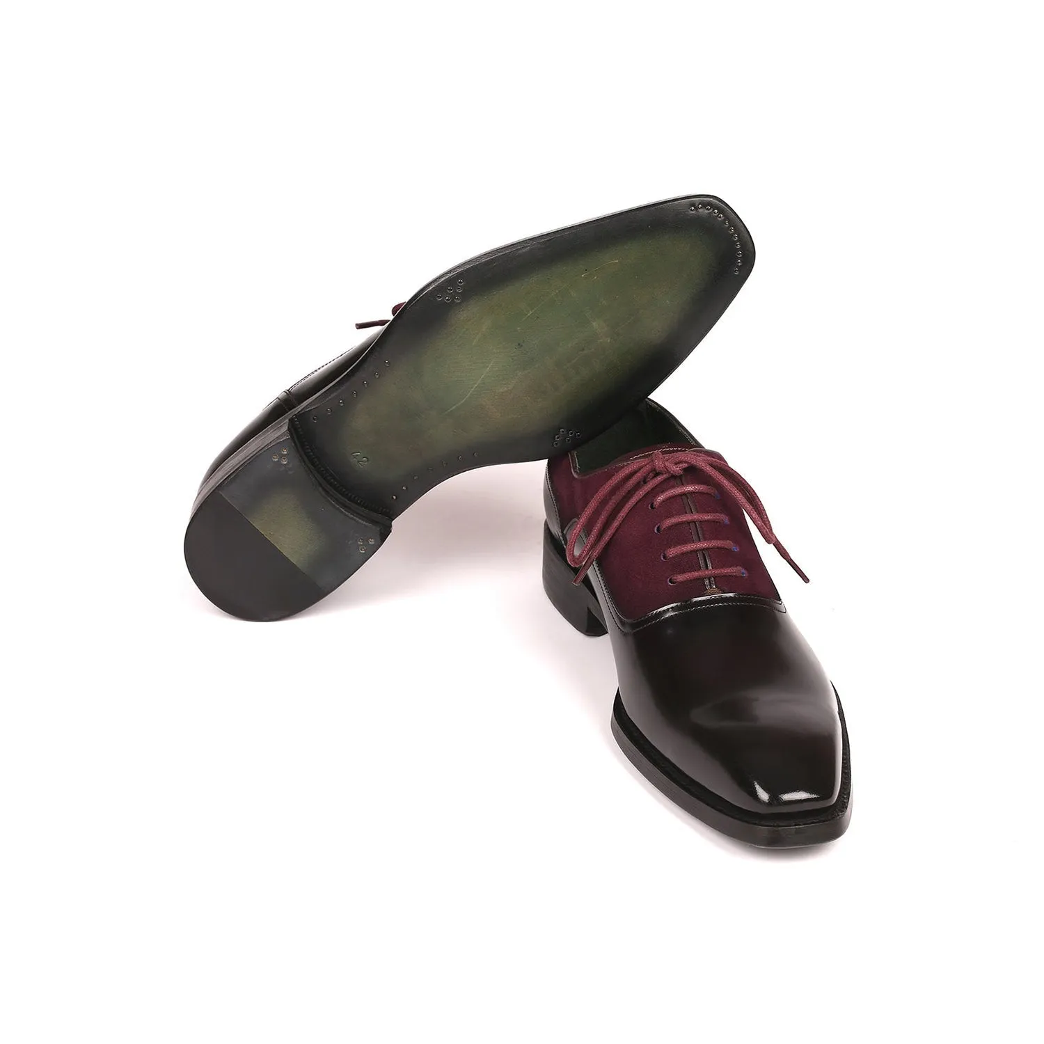 Paul Parkman 17BUR85 Men's Shoes Black & Burgundy Suede / Patent Leather Goodyear Welted Dress Oxfords (PM6324)