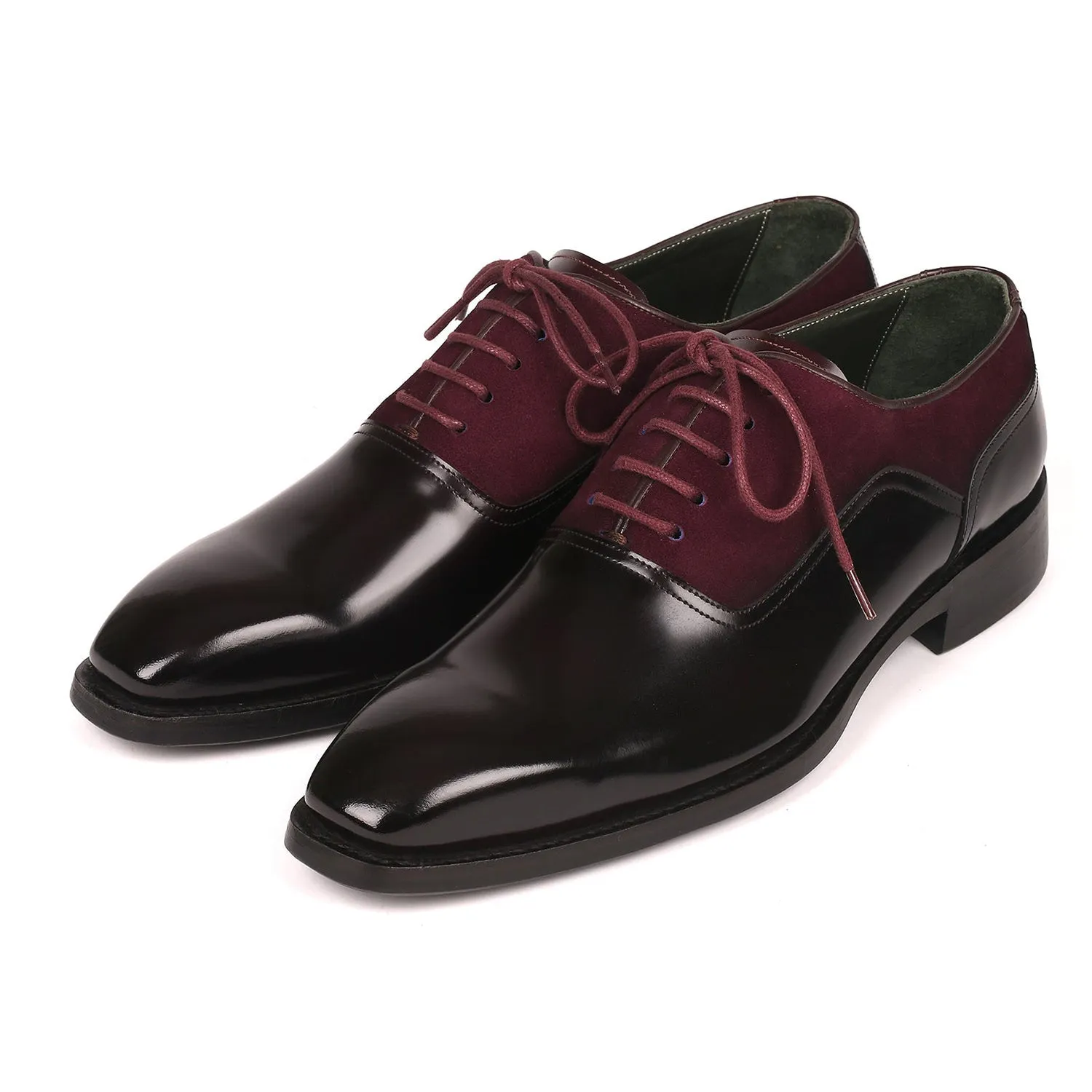 Paul Parkman 17BUR85 Men's Shoes Black & Burgundy Suede / Patent Leather Goodyear Welted Dress Oxfords (PM6324)