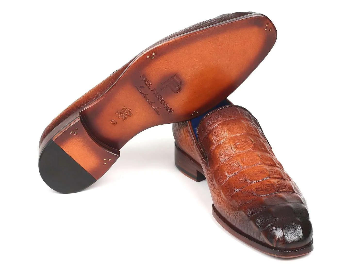 Paul Parkman Brown Crocodile Embossed Calfskin Loafers