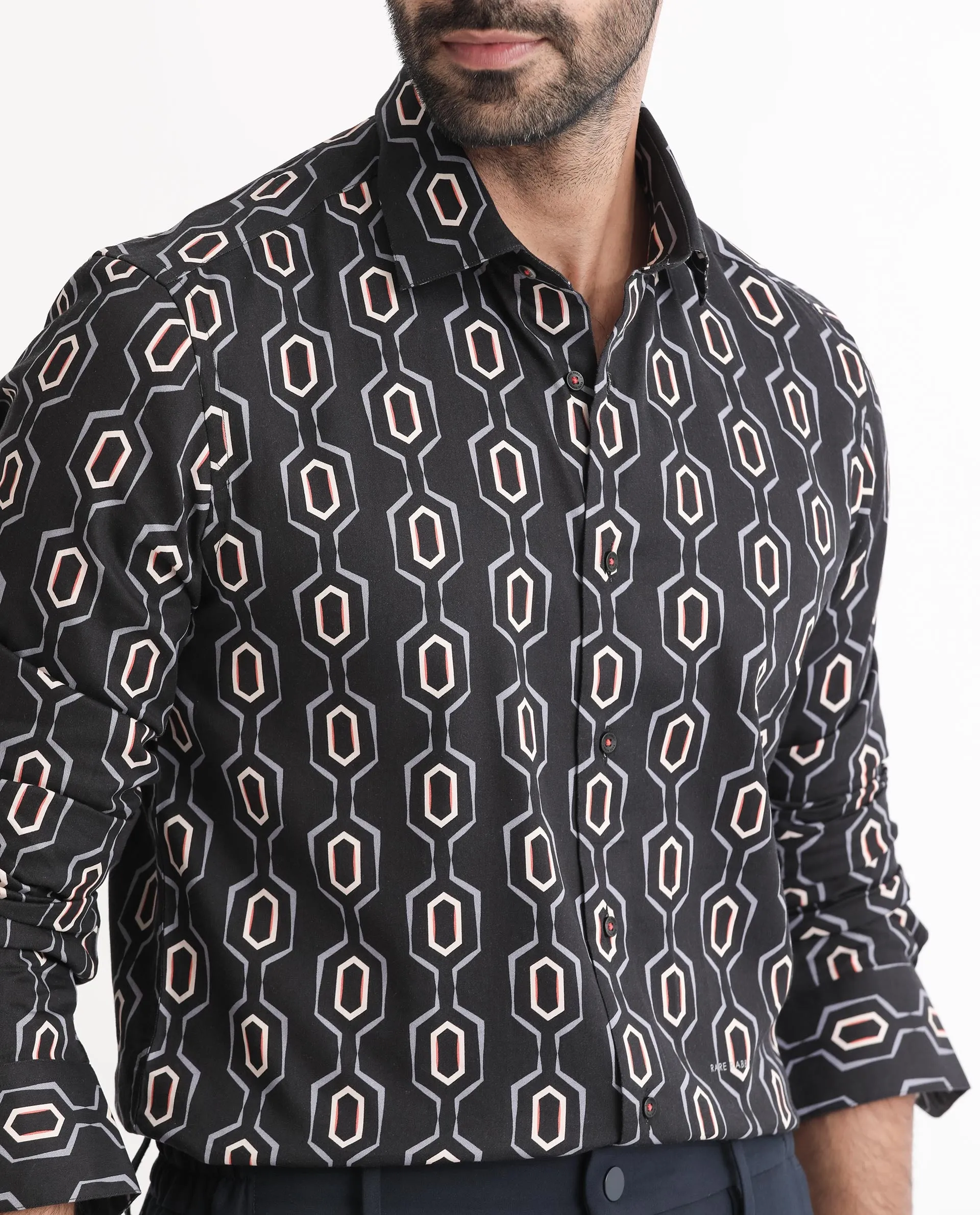 Rare Rabbit Men's Chains Black Modal Fabric Geometric Print Full Sleeves Shirt