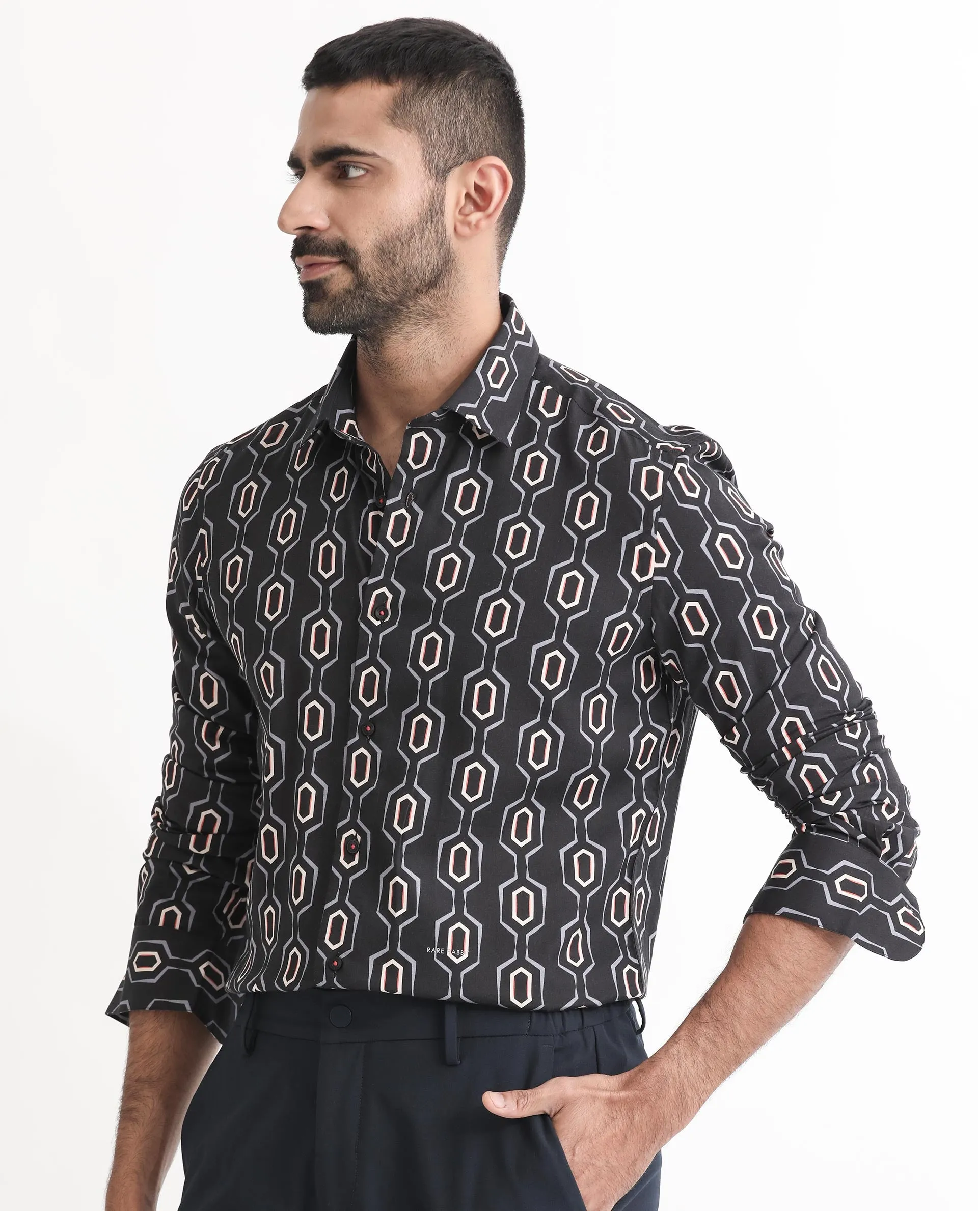 Rare Rabbit Men's Chains Black Modal Fabric Geometric Print Full Sleeves Shirt