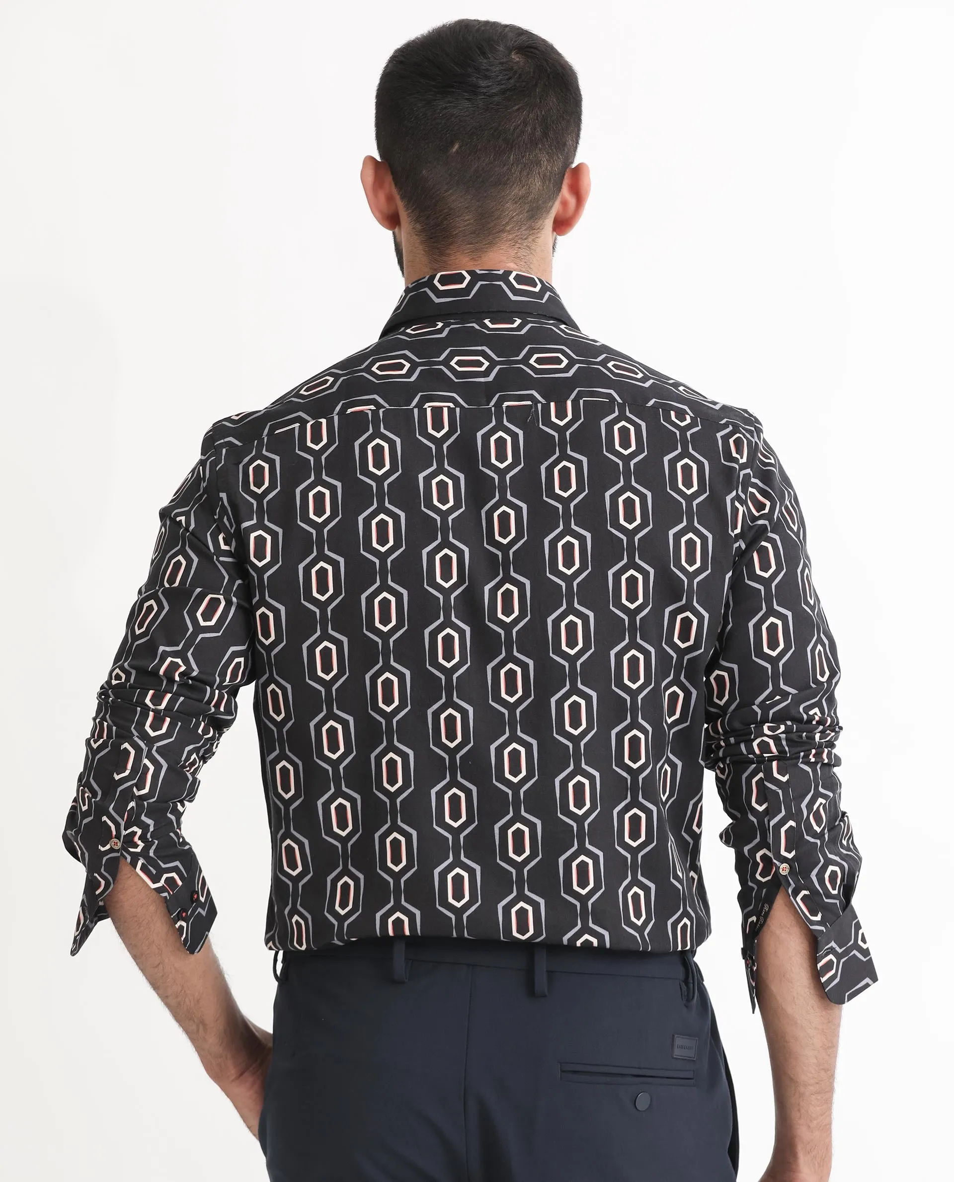 Rare Rabbit Men's Chains Black Modal Fabric Geometric Print Full Sleeves Shirt