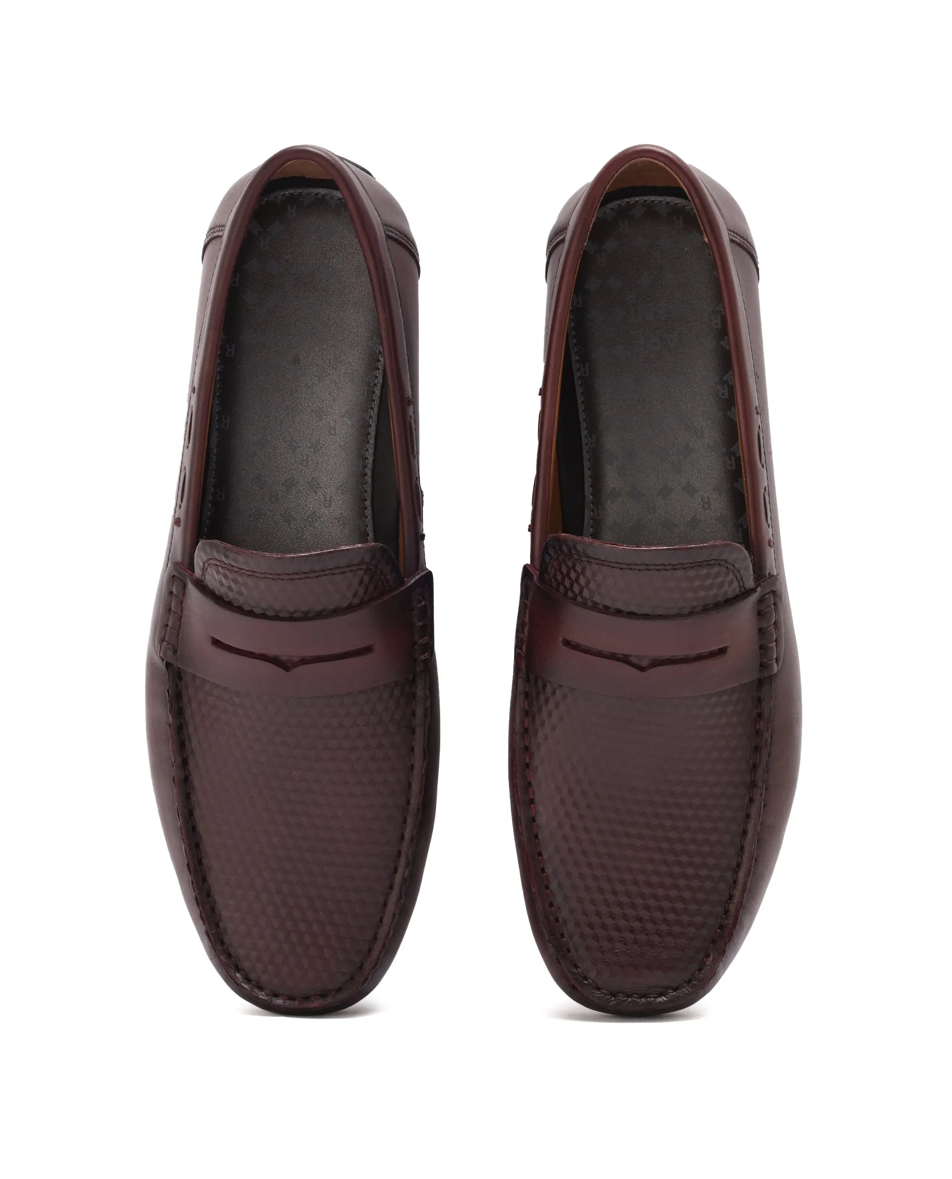 Rare Rabbit Men's Honey Burgundy Slip-On 3D Plated Genuine Leather Driver Moccasin