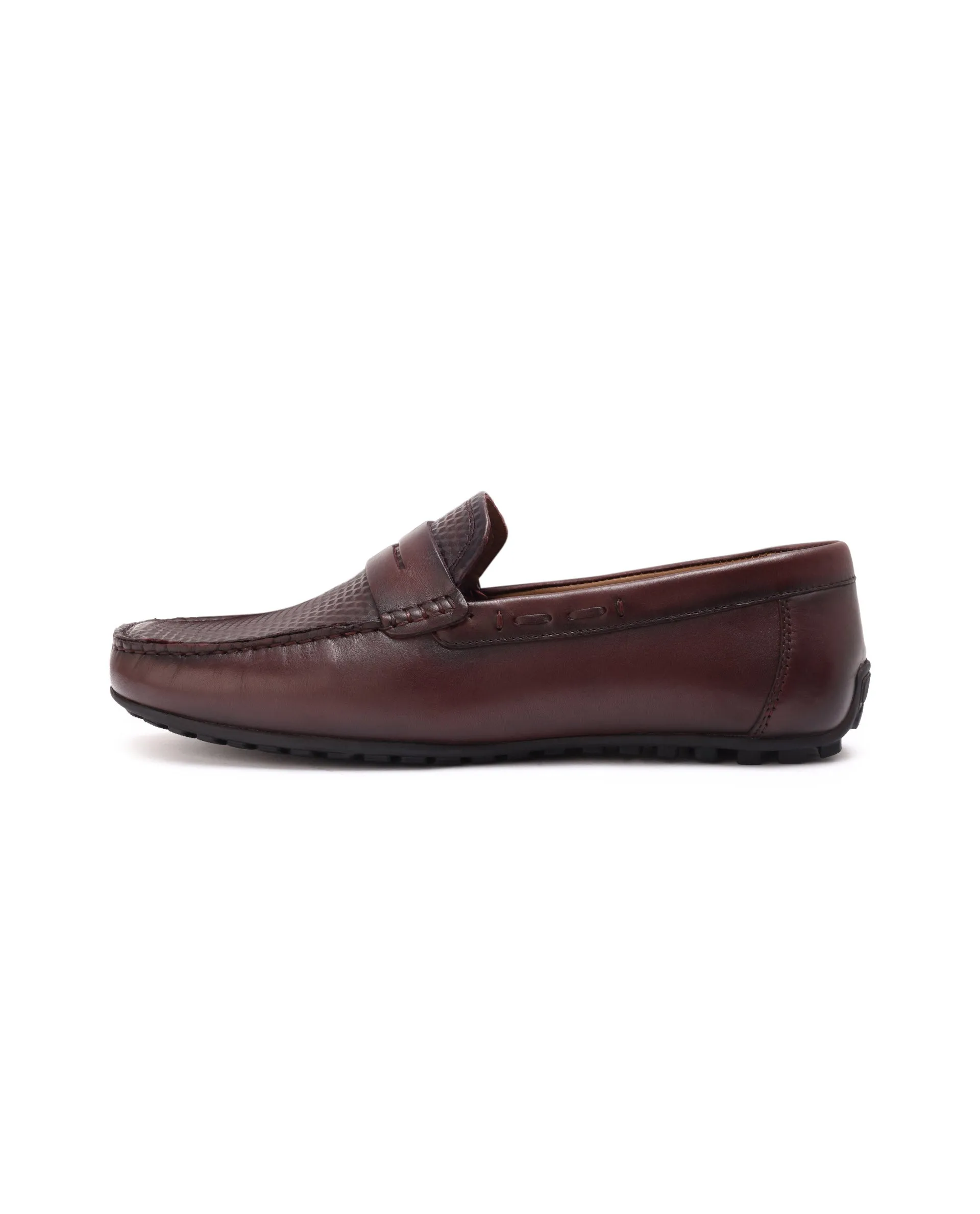 Rare Rabbit Men's Honey Burgundy Slip-On 3D Plated Genuine Leather Driver Moccasin