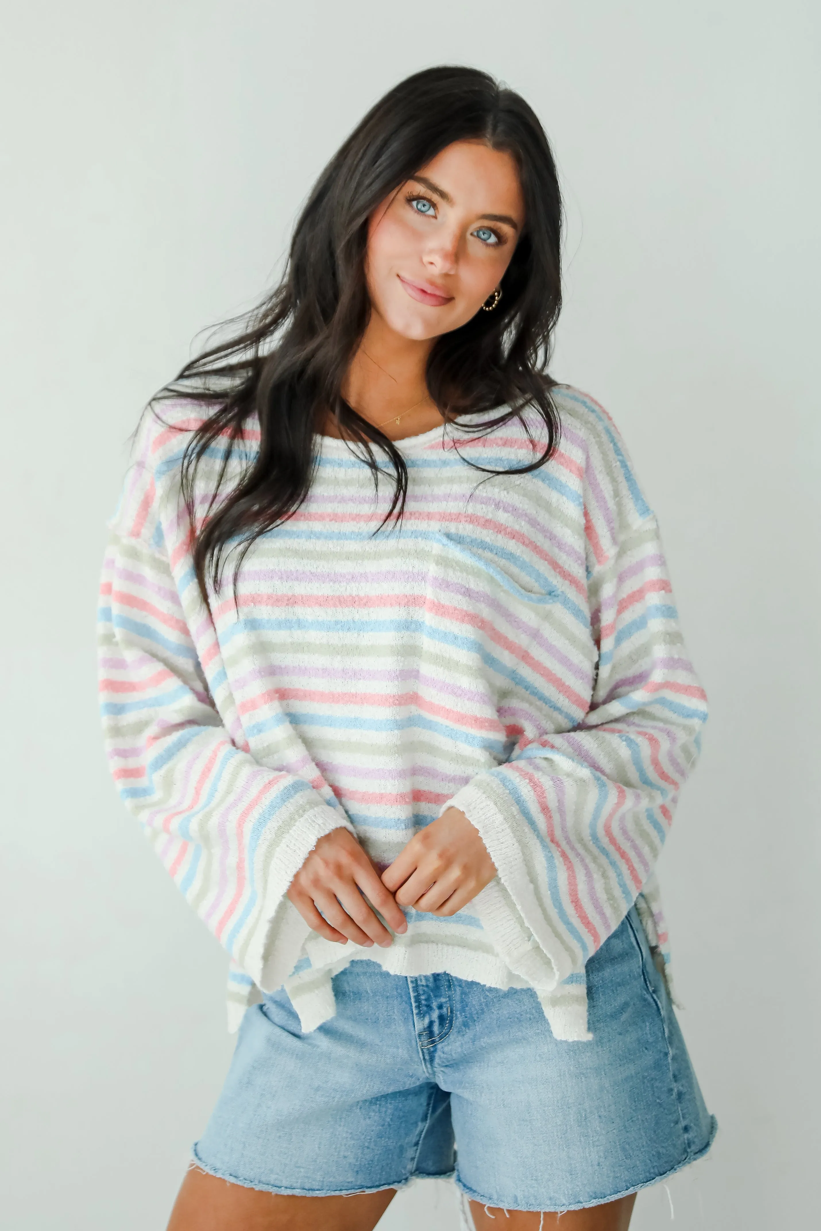 Sensationally Sweeter Ivory Striped Lightweight Knit Sweater