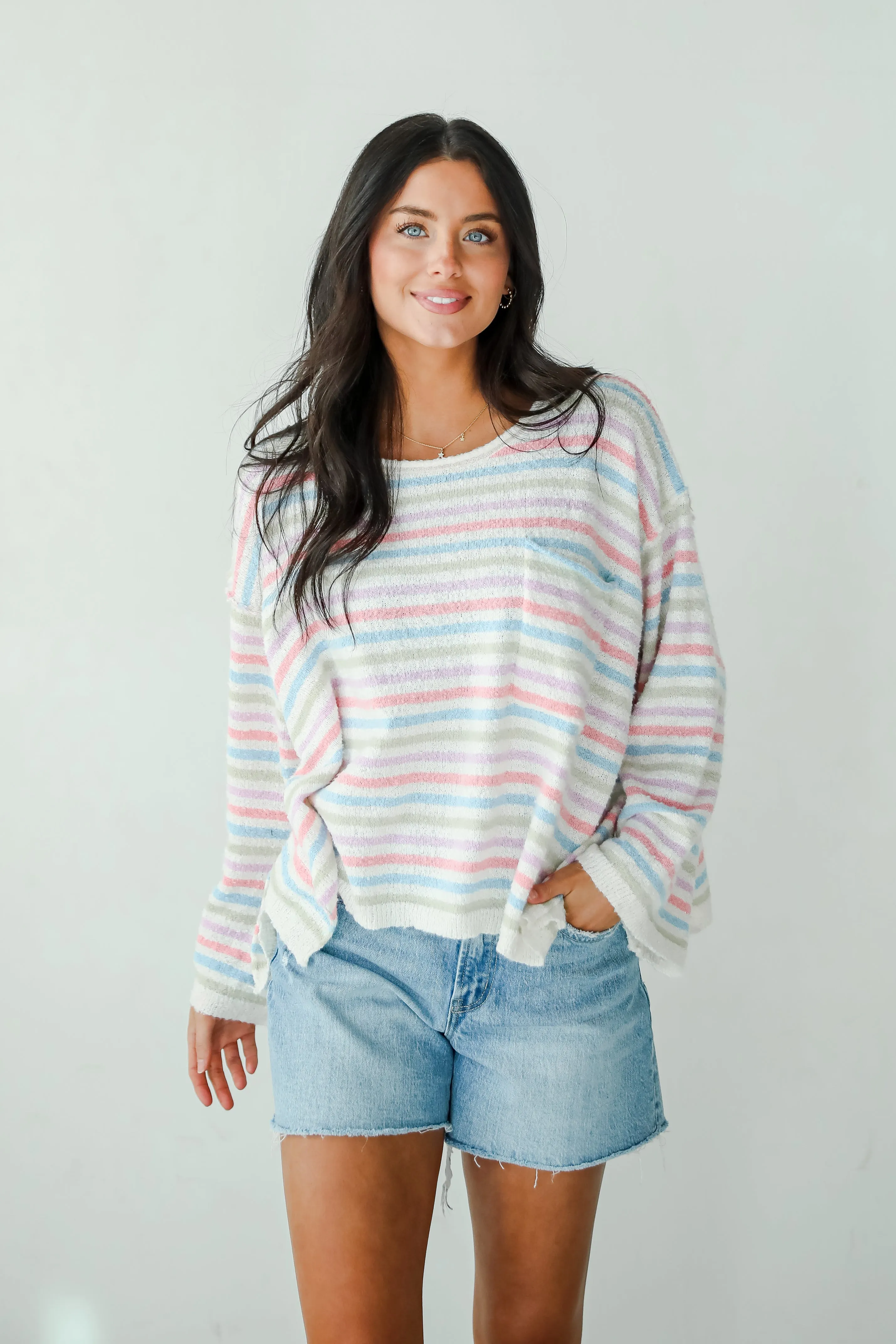 Sensationally Sweeter Ivory Striped Lightweight Knit Sweater