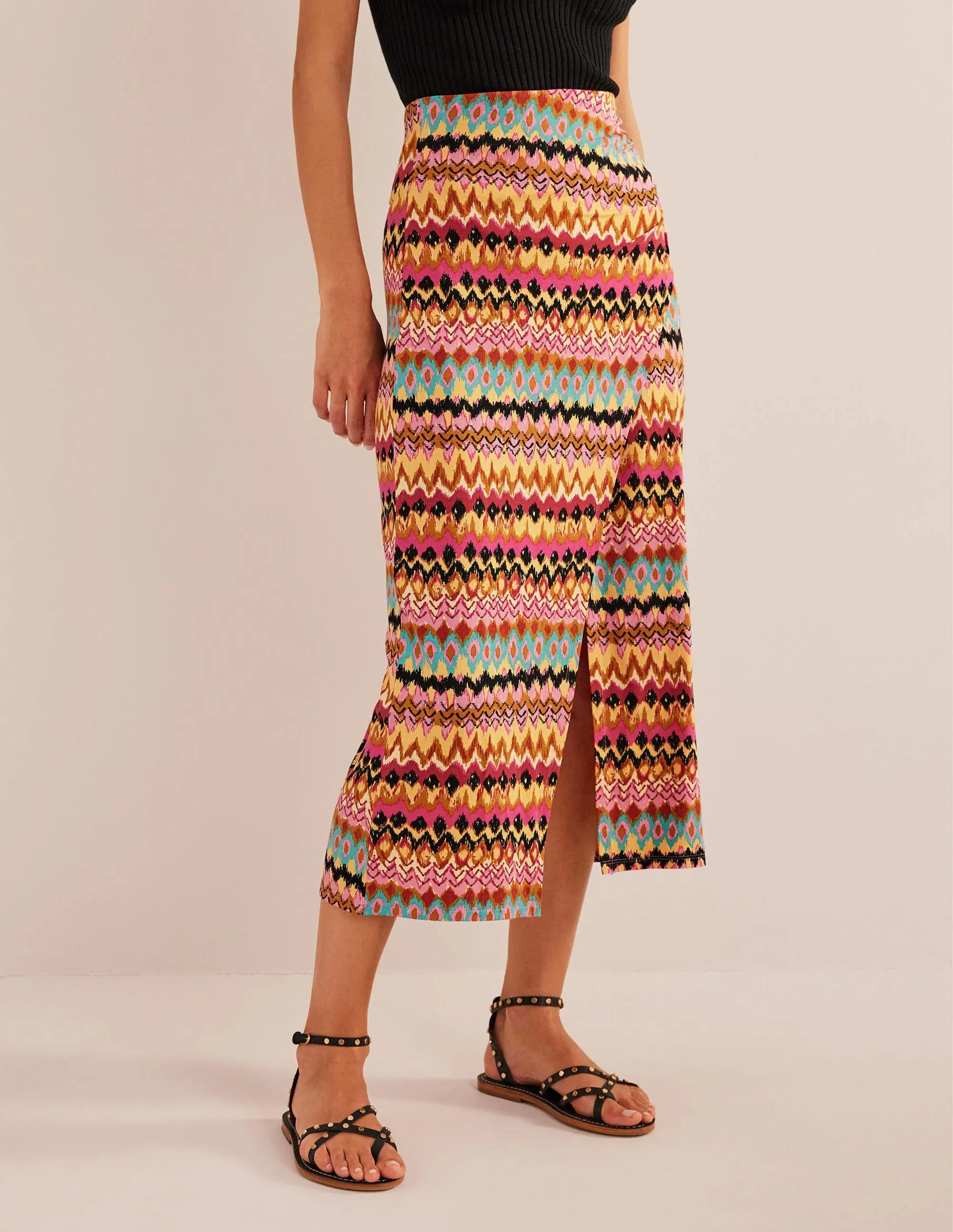 Side Split Jersey Midi Skirt-Multi, Textured Ikat