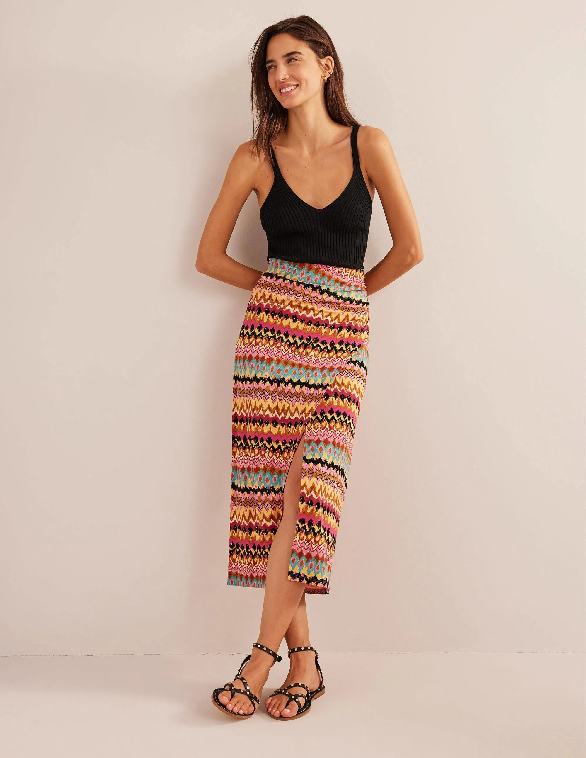 Side Split Jersey Midi Skirt-Multi, Textured Ikat