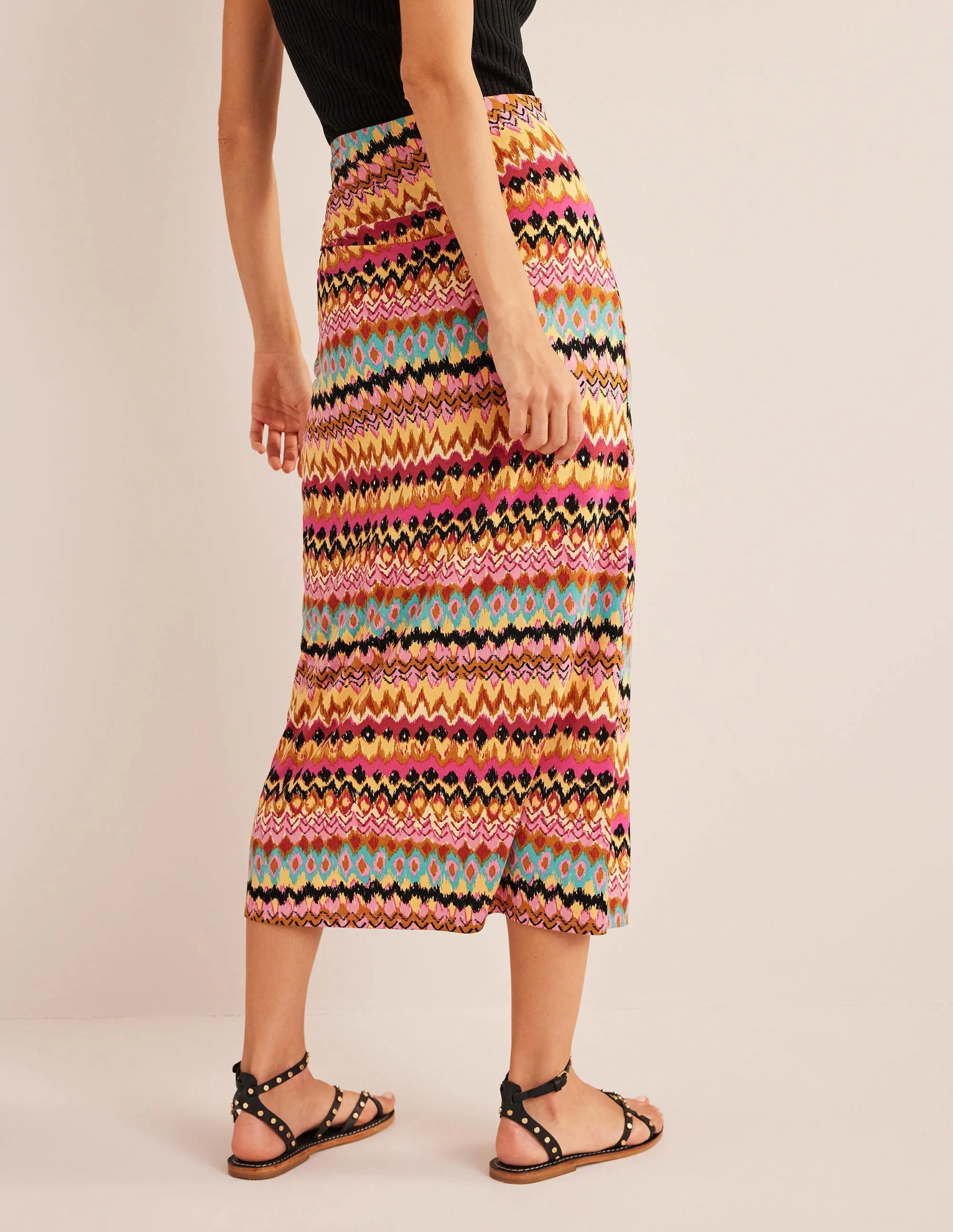 Side Split Jersey Midi Skirt-Multi, Textured Ikat