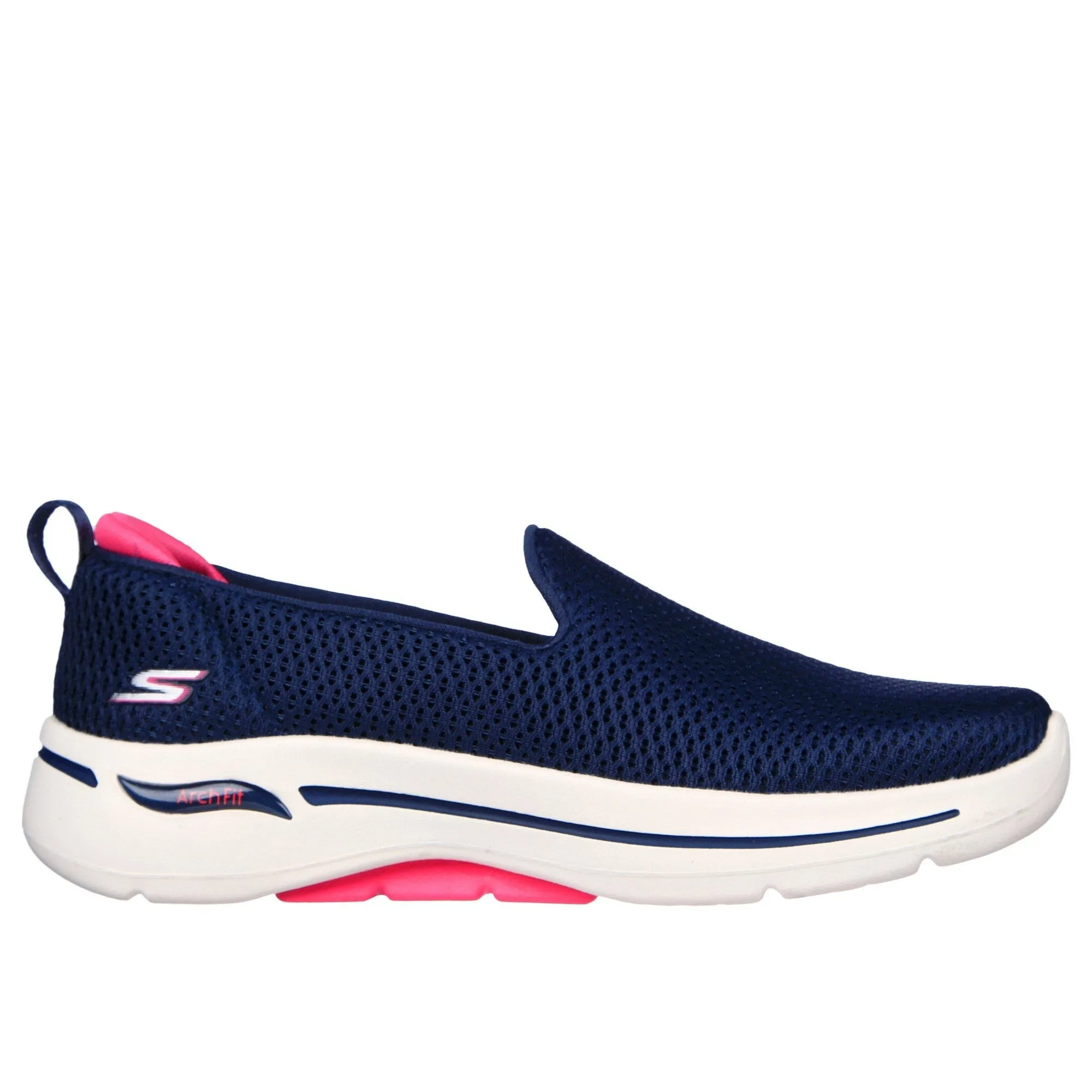 Skechers 124880 Go Wark Arch Fit - Hazel Ladies Navy Hot Pink Textile Vegan Arch Support Slip On Trainers