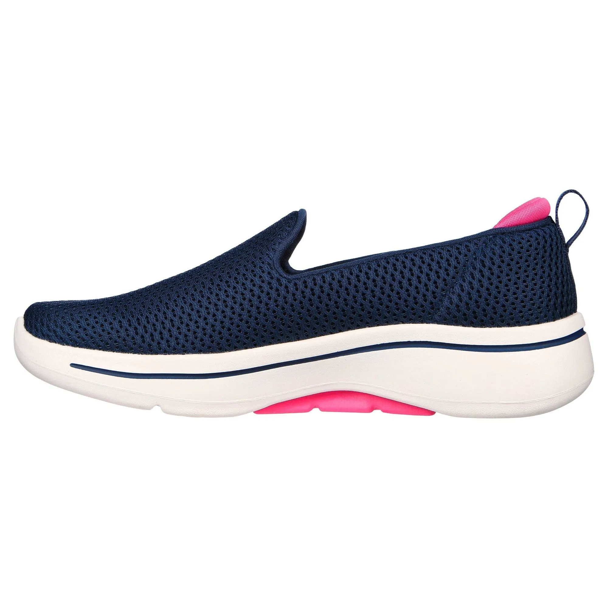 Skechers 124880 Go Wark Arch Fit - Hazel Ladies Navy Hot Pink Textile Vegan Arch Support Slip On Trainers