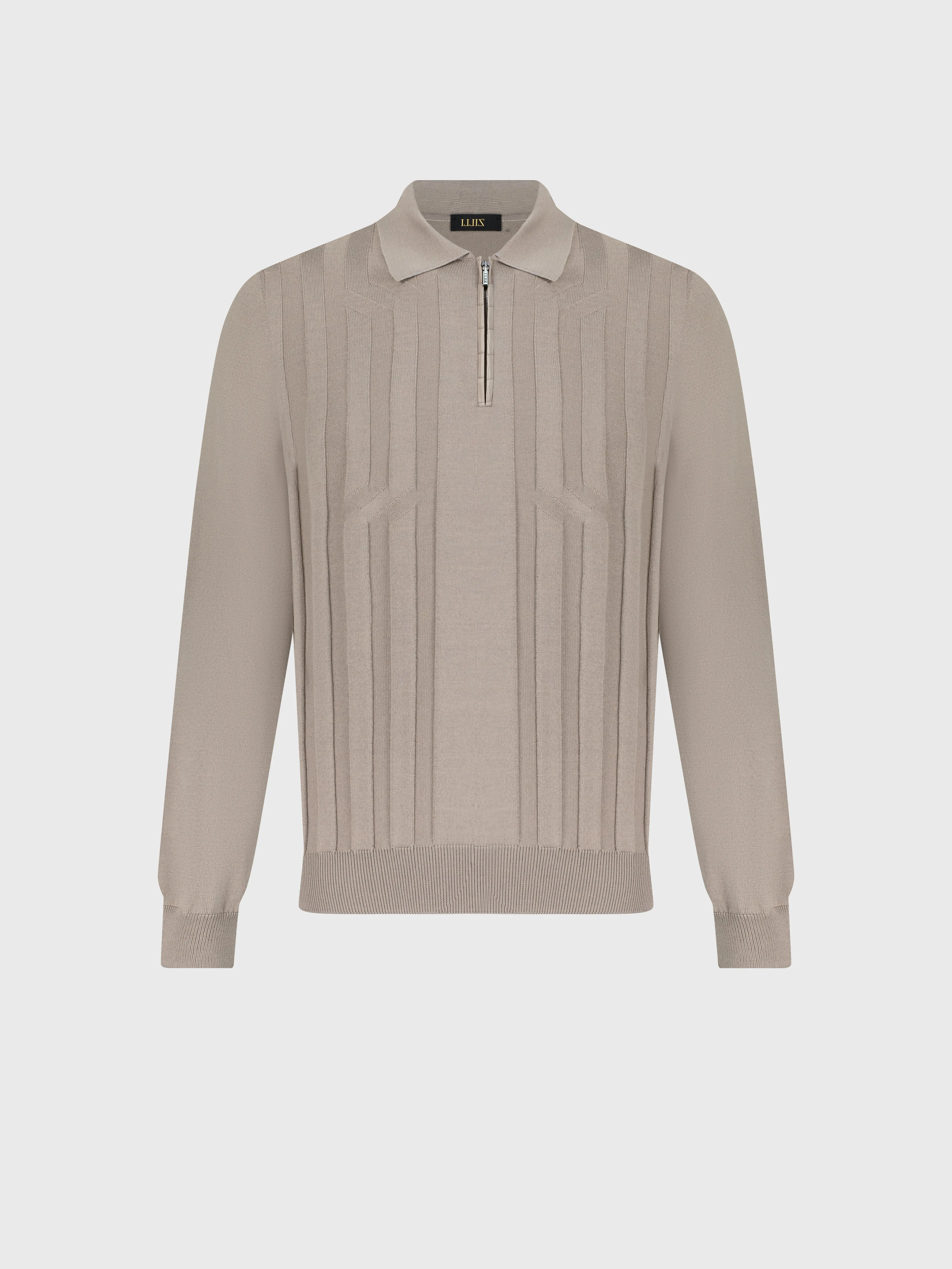 Zipped Polo with Crossed Stripes Jacquard Blond Fawn