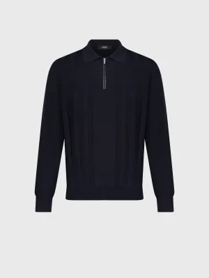 Zipped Polo with Crossed Stripes Jacquard Dark Navy