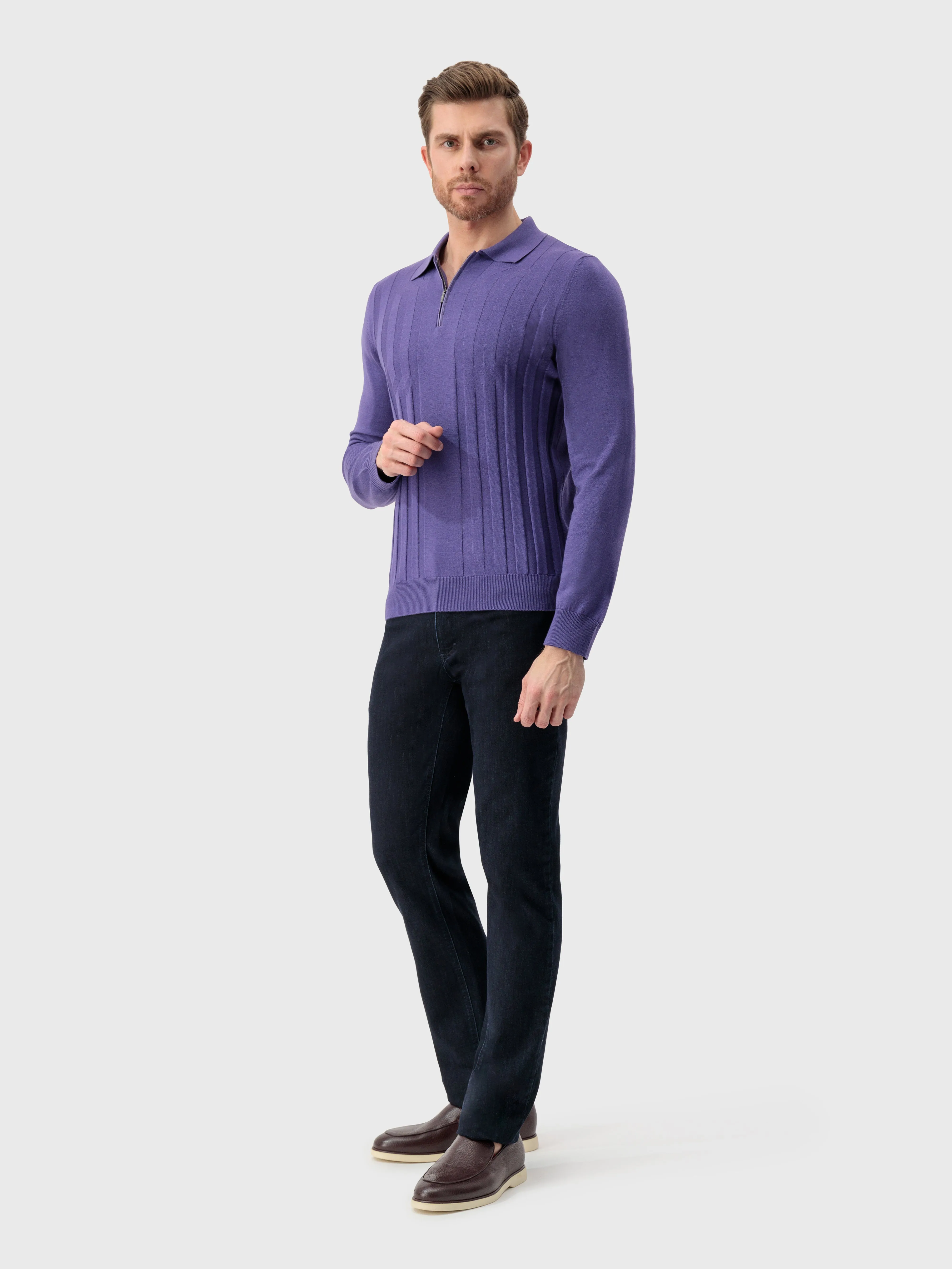 Zipped Polo with Crossed Stripes Jacquard Smoke Violet